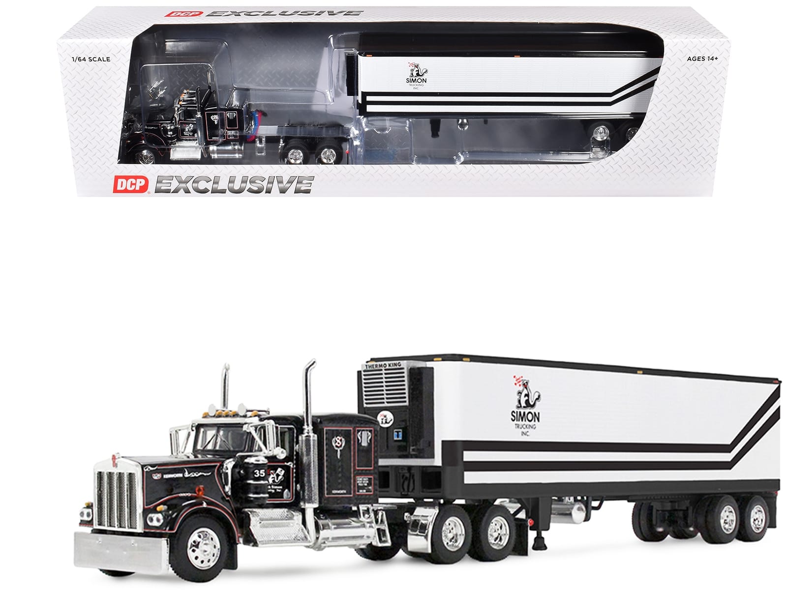 Kenworth W900A with 60" Flat Top Sleeper and 40' Vintage Trailer with Reefer "Dick Simon Trucking" Black with Graphics 1/64 Diecast Model by DCP/First Gear