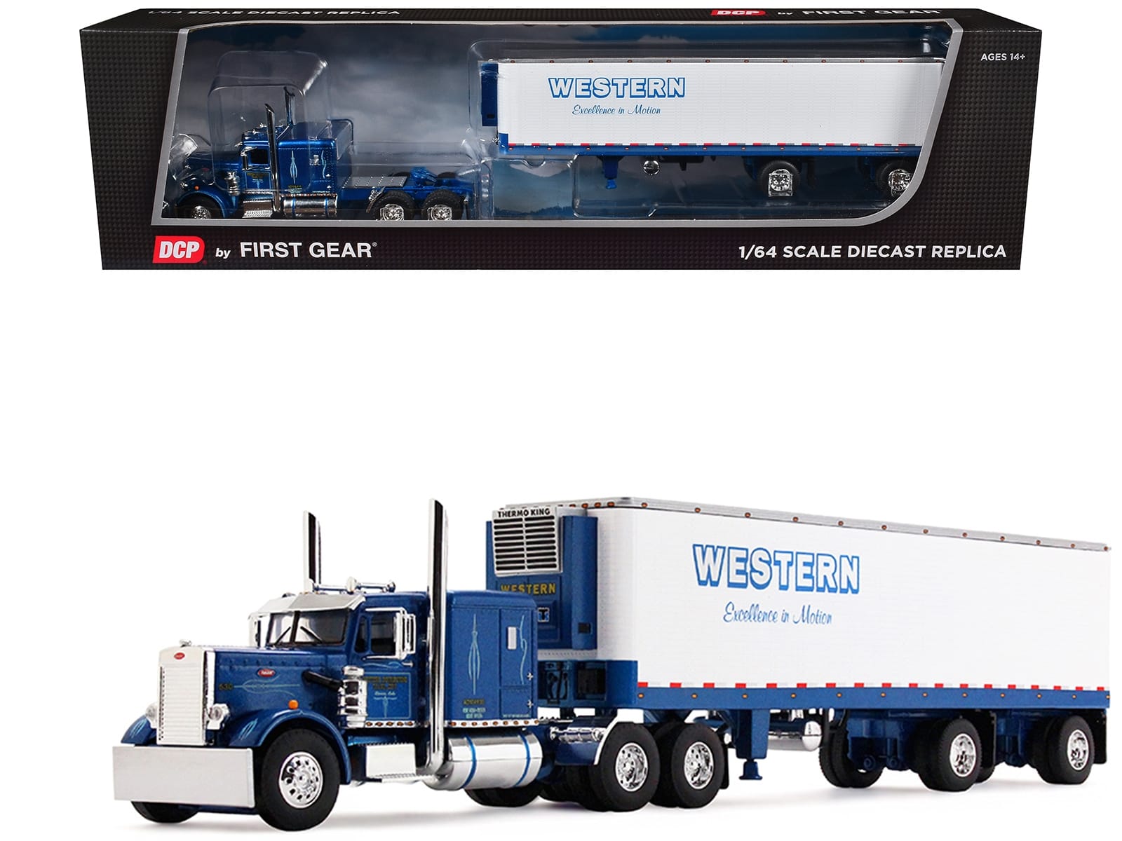 Peterbilt 351 with 63" Flat Top Sleeper and 40' Vintage Trailer with Reefer "Western Distributing" Blue Metallic and White 1/64 Diecast Model by DCP/First Gear