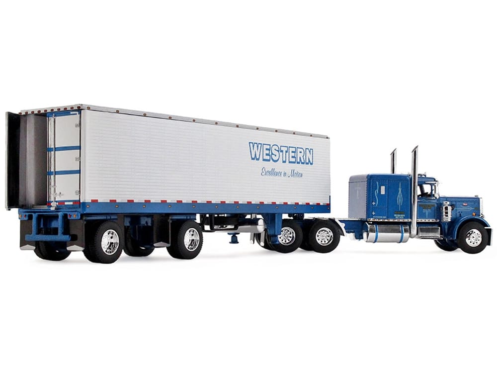 Peterbilt 351 with 63" Flat Top Sleeper and 40' Vintage Trailer with Reefer "Western Distributing" Blue Metallic and White 1/64 Diecast Model by DCP/First Gear - Image 3