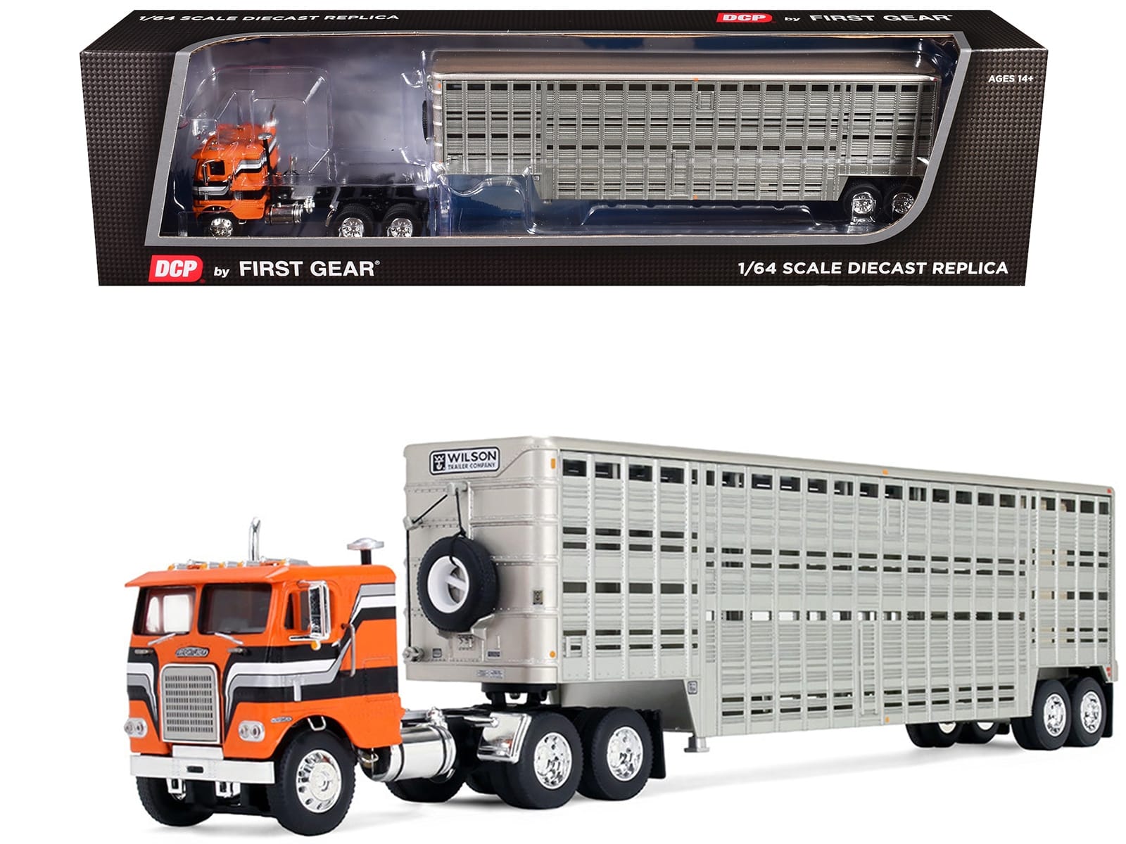 Freightliner COE and 45' Wilson Vintage Livestock Trailer Orange with Stripes 1/64 Diecast Model by DCP/First Gear