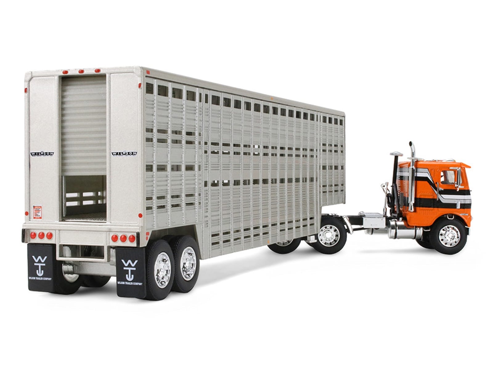 Freightliner COE and 45' Wilson Vintage Livestock Trailer Orange with Stripes 1/64 Diecast Model by DCP/First Gear - Image 4