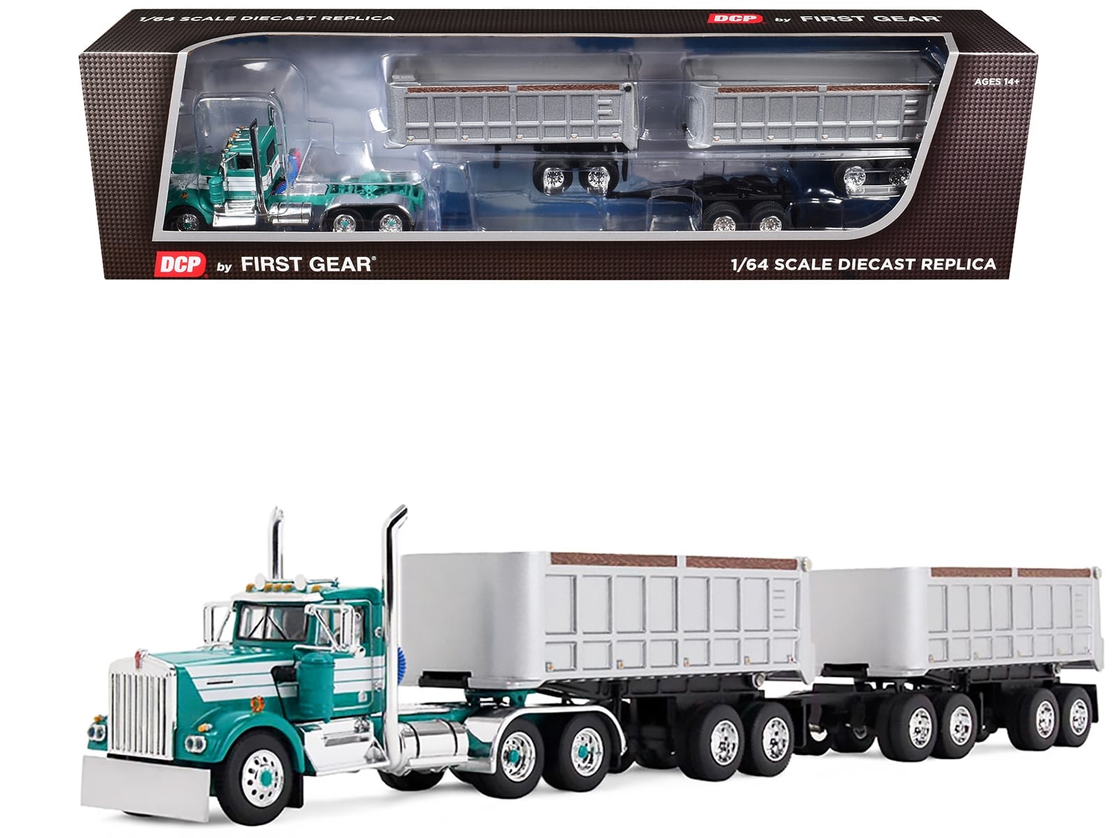 Kenworth W900A Day Cab with 22' Dual End Dump Trailers Turquoise with White Stripes 1/64 Diecast Model by DCP/First Gear