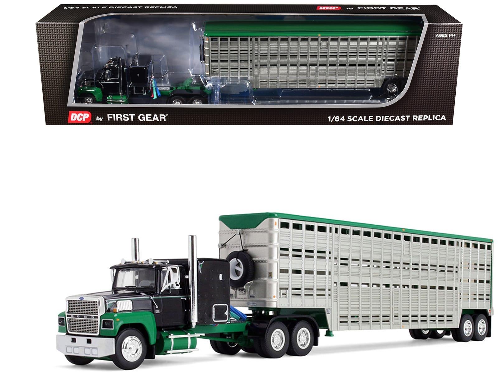Ford LTL 9000 with 60" Flat Top Sleeper and 45' Wilson Vintage Livestock Trailer Black and Green 1/64 Diecast Model by DCP/First Gear