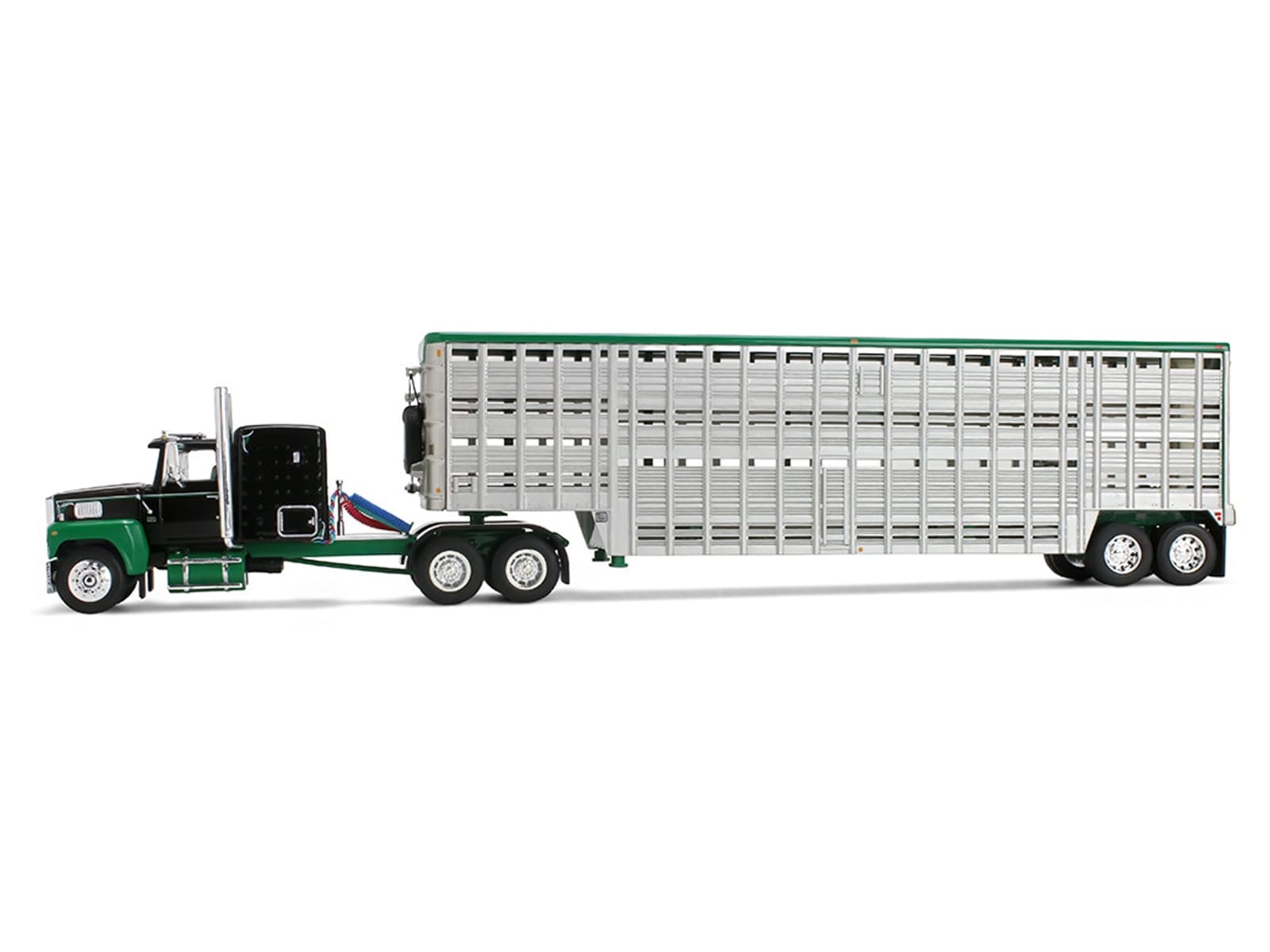 Ford LTL 9000 with 60" Flat Top Sleeper and 45' Wilson Vintage Livestock Trailer Black and Green 1/64 Diecast Model by DCP/First Gear - Image 3