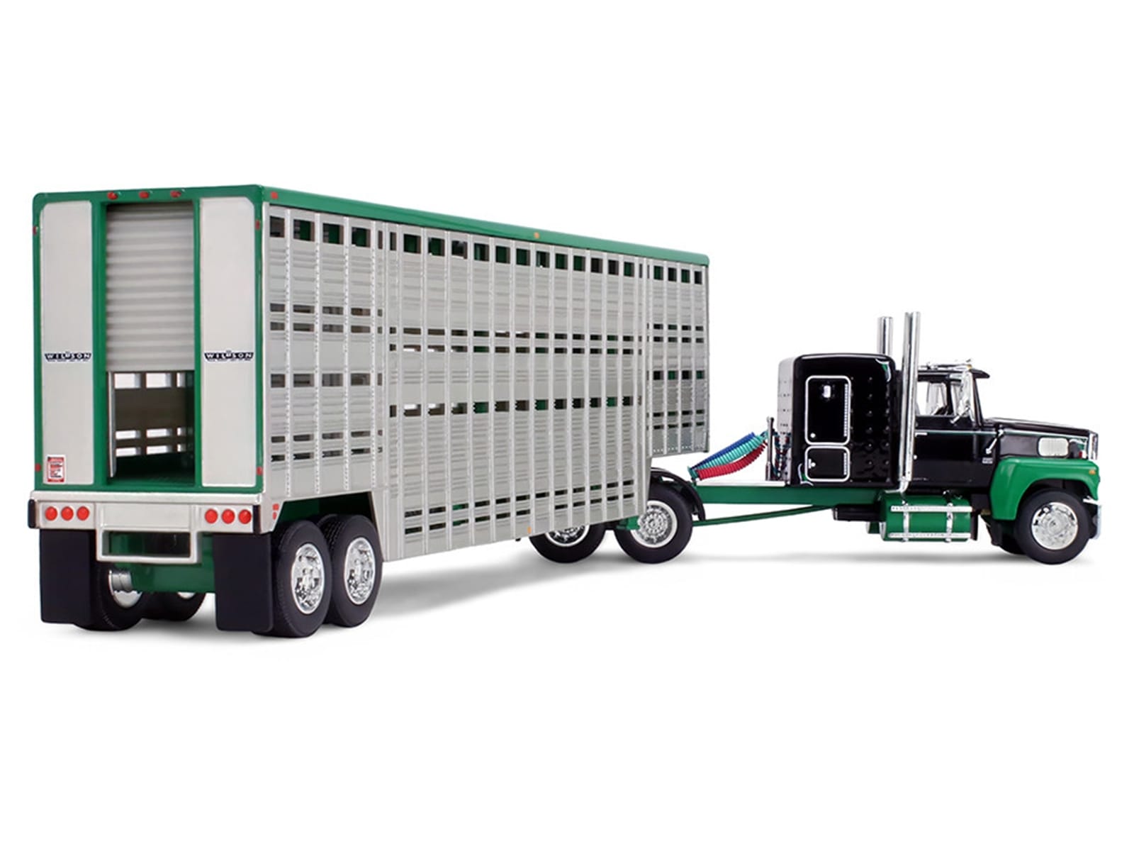 Ford LTL 9000 with 60" Flat Top Sleeper and 45' Wilson Vintage Livestock Trailer Black and Green 1/64 Diecast Model by DCP/First Gear - Image 4