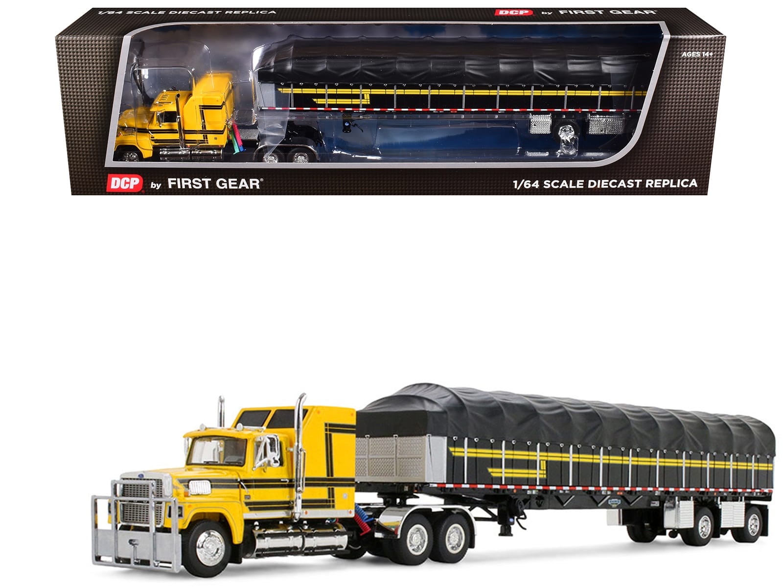 Ford LTL 9000 with 60" Aerodyne Sleeper and 53' Wilson Roadbrute Flatbed Trailer with Covered Wagon Yellow with Black Stripes 1/64 Diecast Model by DCP/First Gear