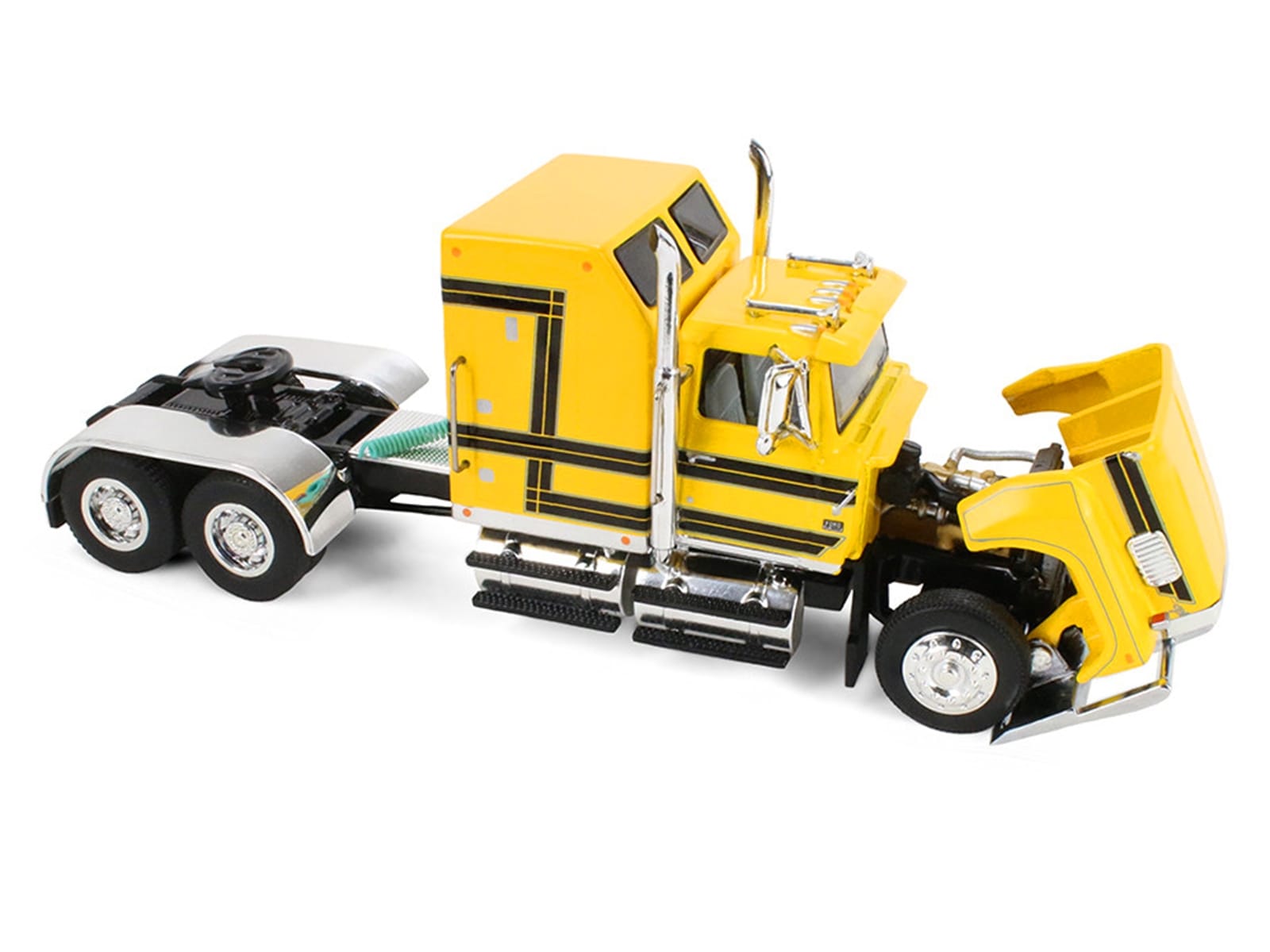 Ford LTL 9000 with 60" Aerodyne Sleeper and 53' Wilson Roadbrute Flatbed Trailer with Covered Wagon Yellow with Black Stripes 1/64 Diecast Model by DCP/First Gear - Image 2