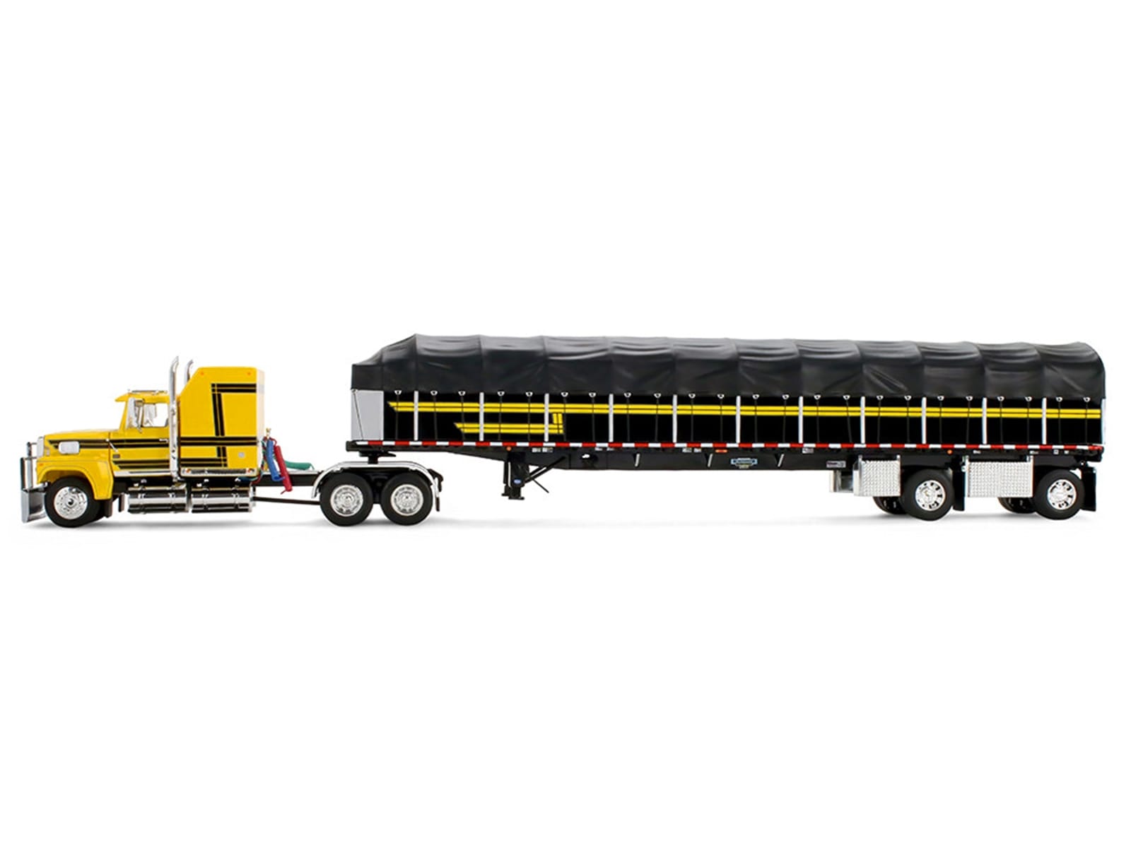 Ford LTL 9000 with 60" Aerodyne Sleeper and 53' Wilson Roadbrute Flatbed Trailer with Covered Wagon Yellow with Black Stripes 1/64 Diecast Model by DCP/First Gear - Image 3