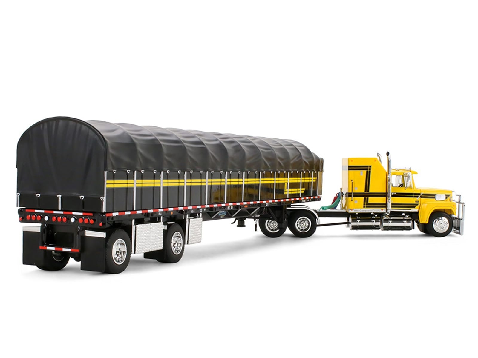 Ford LTL 9000 with 60" Aerodyne Sleeper and 53' Wilson Roadbrute Flatbed Trailer with Covered Wagon Yellow with Black Stripes 1/64 Diecast Model by DCP/First Gear - Image 4