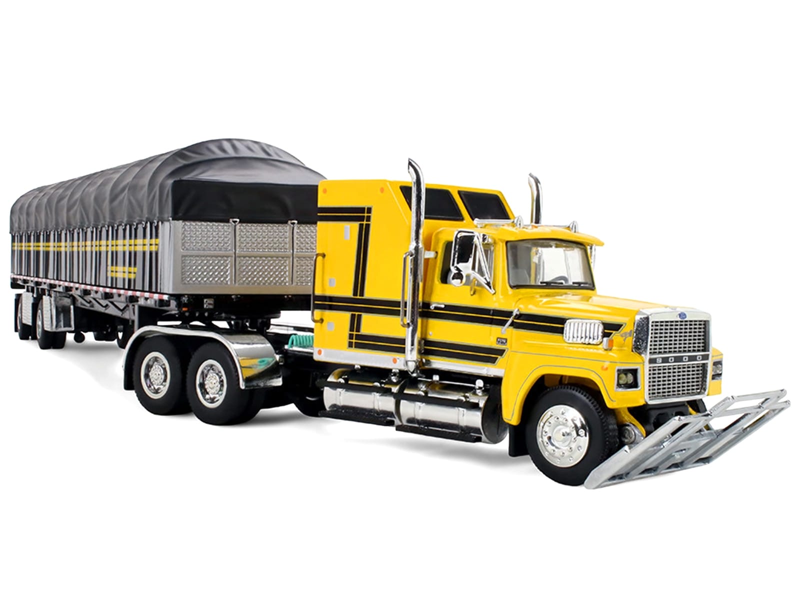 Ford LTL 9000 with 60" Aerodyne Sleeper and 53' Wilson Roadbrute Flatbed Trailer with Covered Wagon Yellow with Black Stripes 1/64 Diecast Model by DCP/First Gear - Image 5