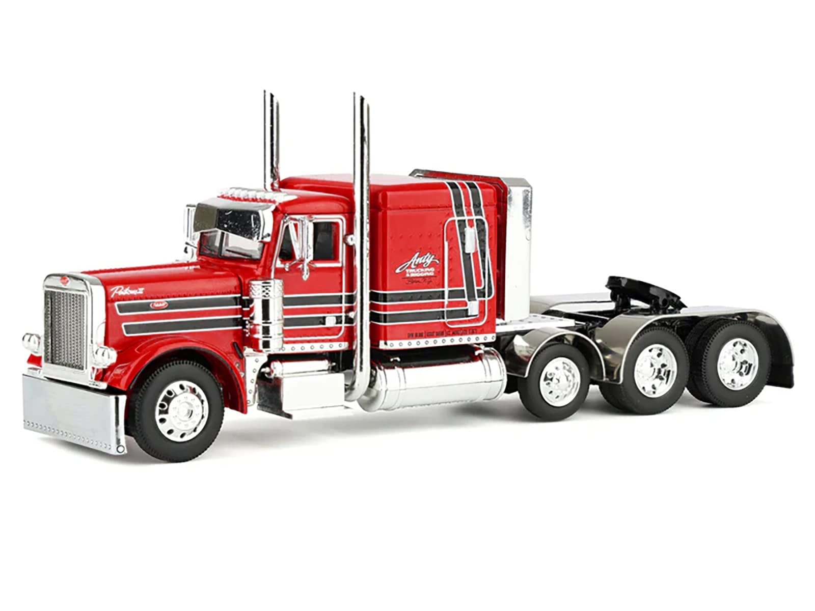 Peterbilt 379 with 63" Flat Top Sleeper and Fontaine Magnitude Lowboy Trailer with Fliptail "Anty Trucking & Rigging" Red with Black Stripes 1/64 Diecast Model by DCP/First Gear - Image 2