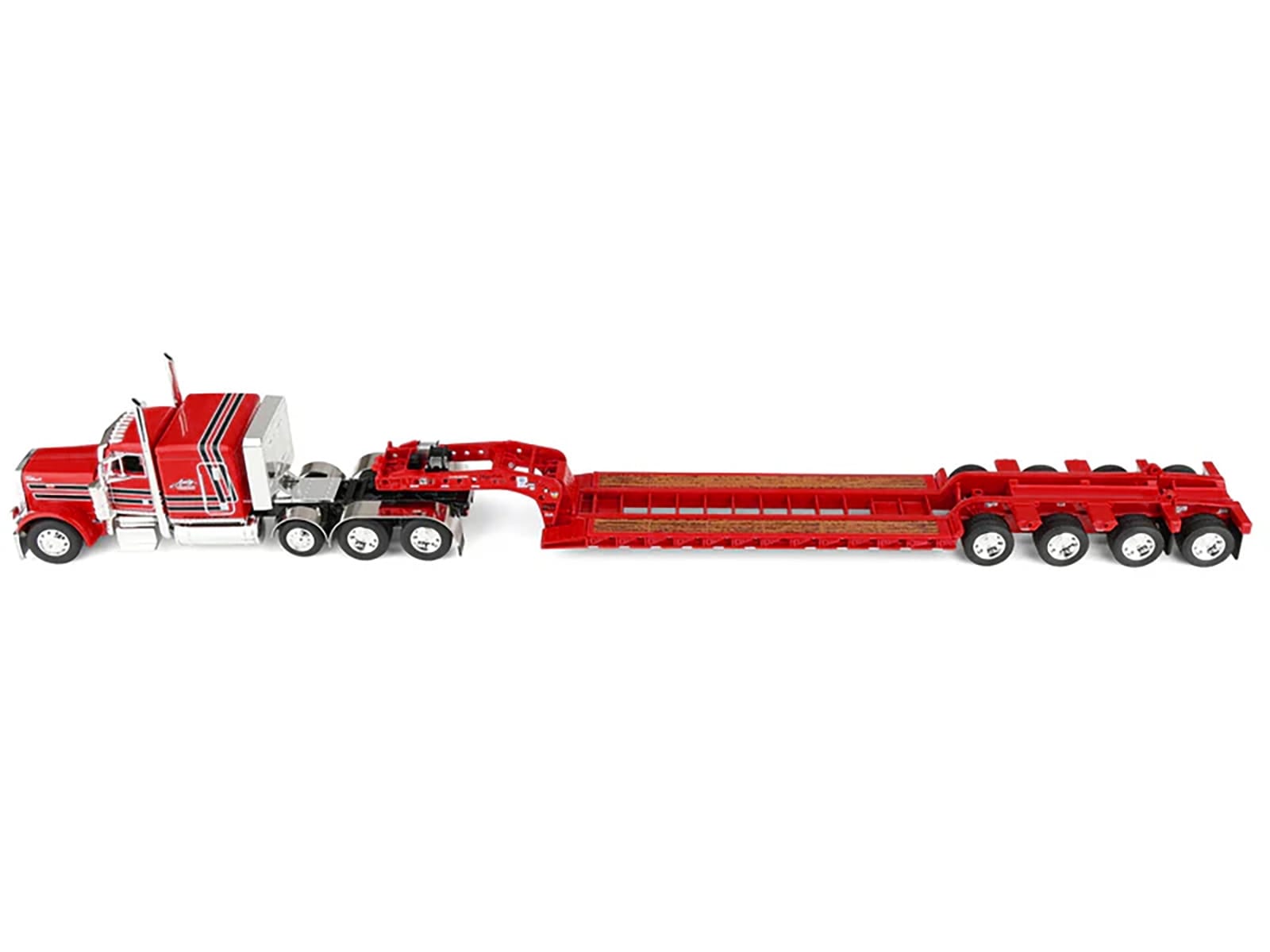 Peterbilt 379 with 63" Flat Top Sleeper and Fontaine Magnitude Lowboy Trailer with Fliptail "Anty Trucking & Rigging" Red with Black Stripes 1/64 Diecast Model by DCP/First Gear - Image 3