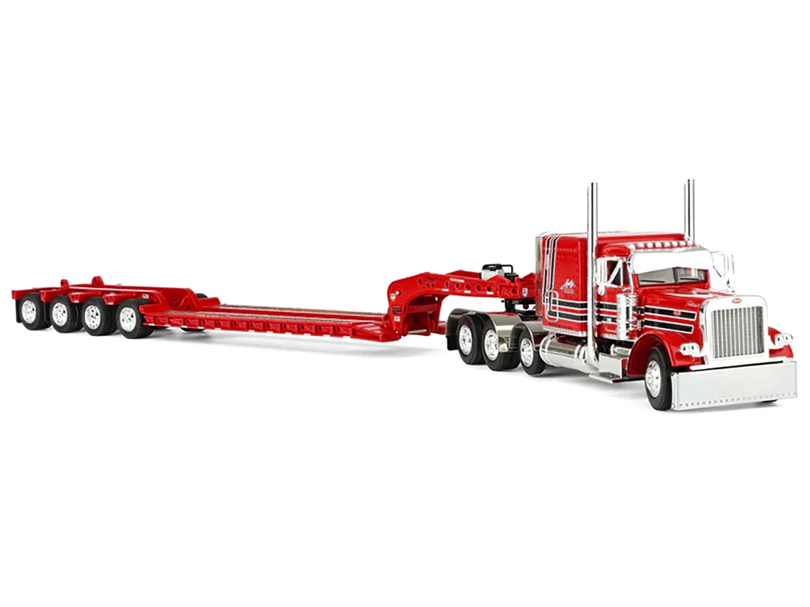 Peterbilt 379 with 63" Flat Top Sleeper and Fontaine Magnitude Lowboy Trailer with Fliptail "Anty Trucking & Rigging" Red with Black Stripes 1/64 Diecast Model by DCP/First Gear - Image 4