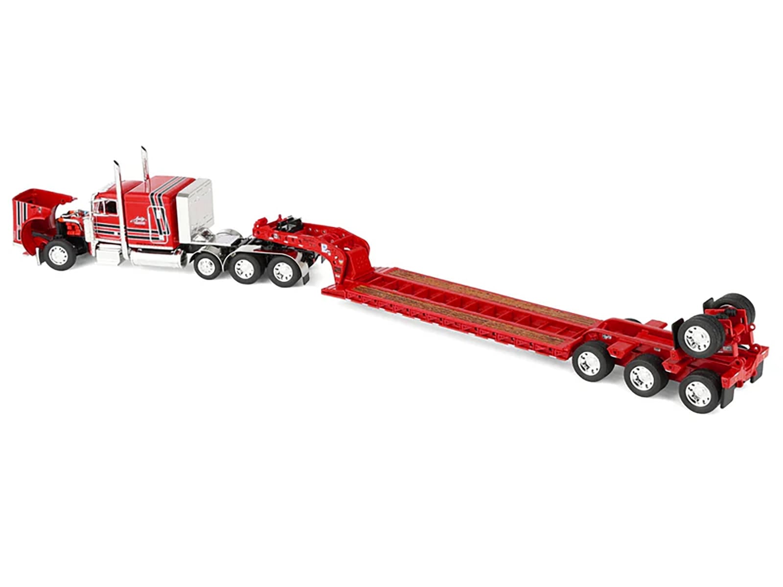 Peterbilt 379 with 63" Flat Top Sleeper and Fontaine Magnitude Lowboy Trailer with Fliptail "Anty Trucking & Rigging" Red with Black Stripes 1/64 Diecast Model by DCP/First Gear - Image 5