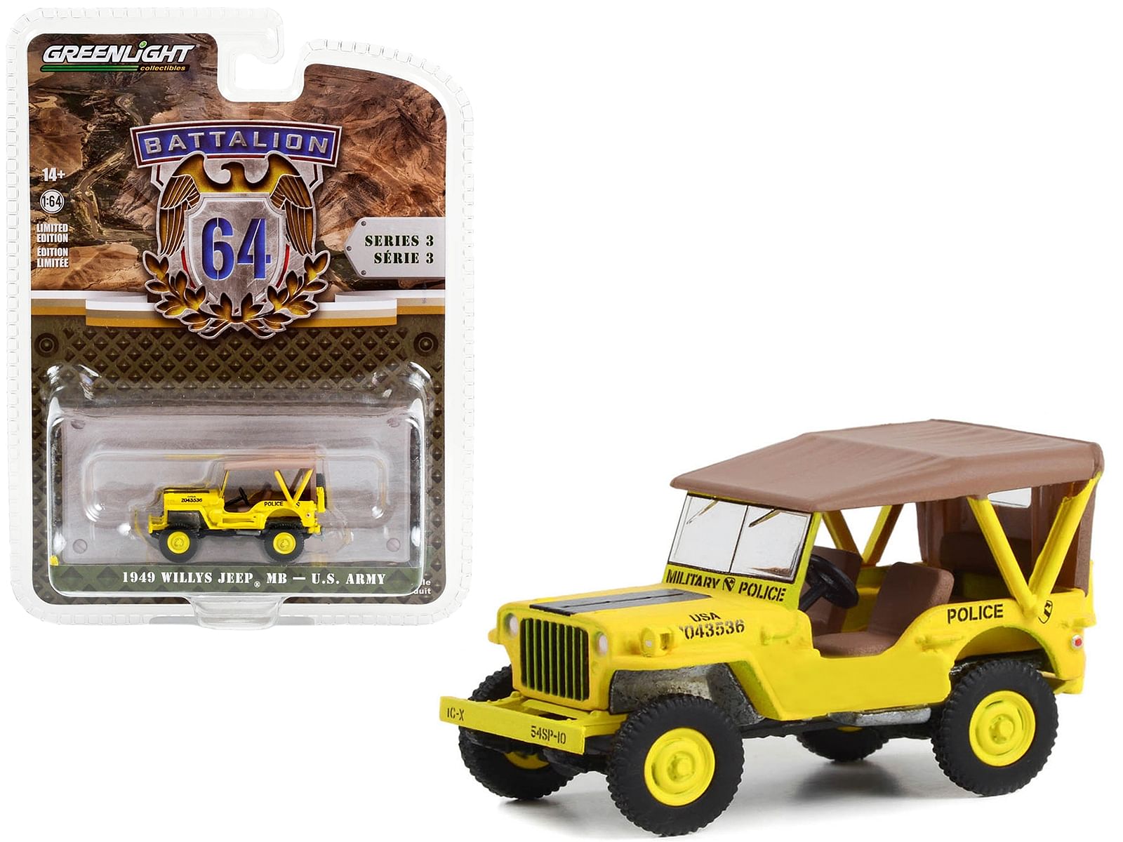 1949 Willys Jeep MB U.S. Army “545th Military Police Company Camp Drake Japan Training Camp” Yellow “Battalion 64” Series 3 1/64 Diecast Model Car by Greenlight