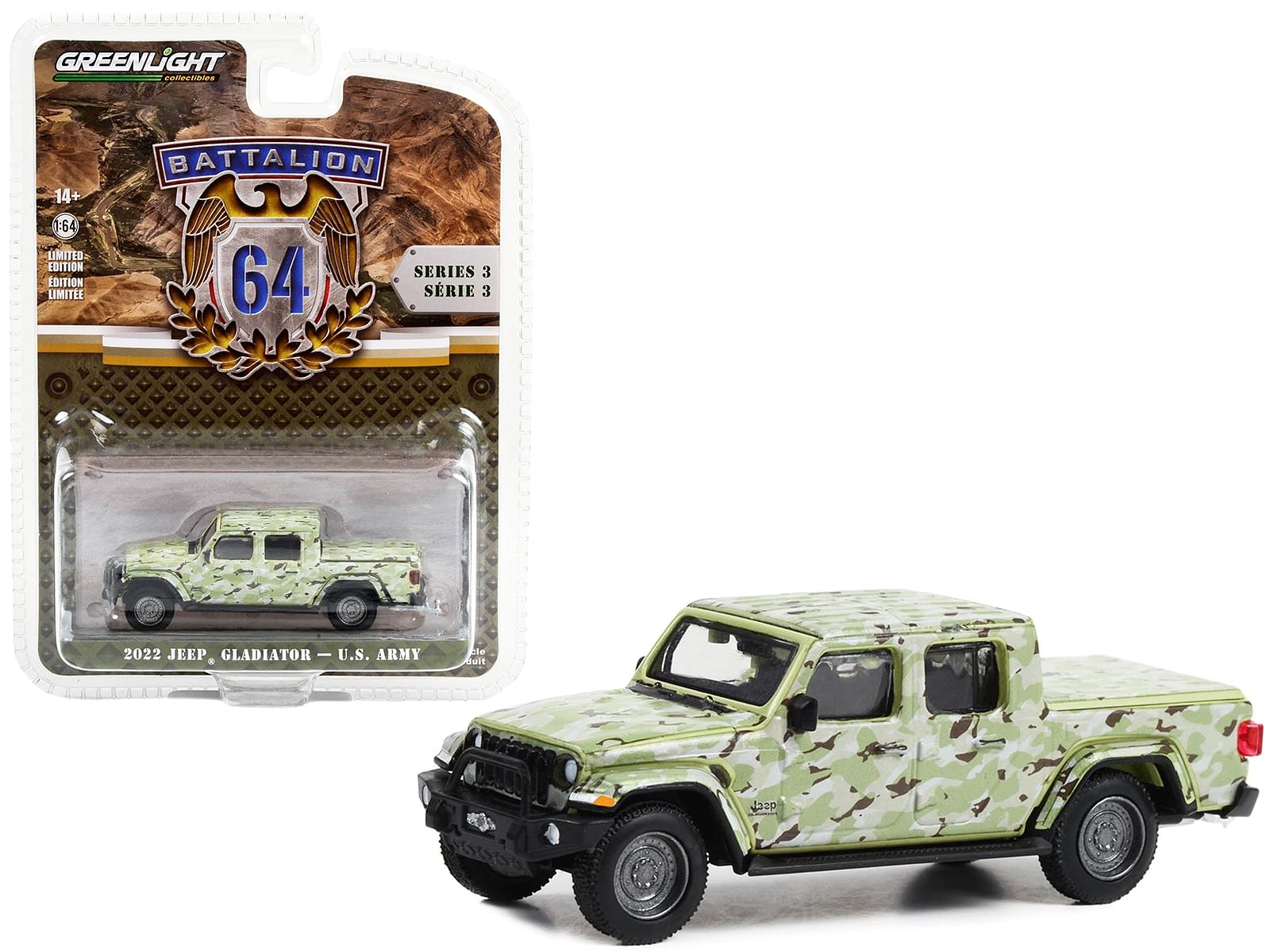 2022 Jeep Gladiator Pickup Truck “U.S. Army” Military-Spec Camouflage “Battalion 64” Series 3 1/64 Diecast Model Car by Greenlight