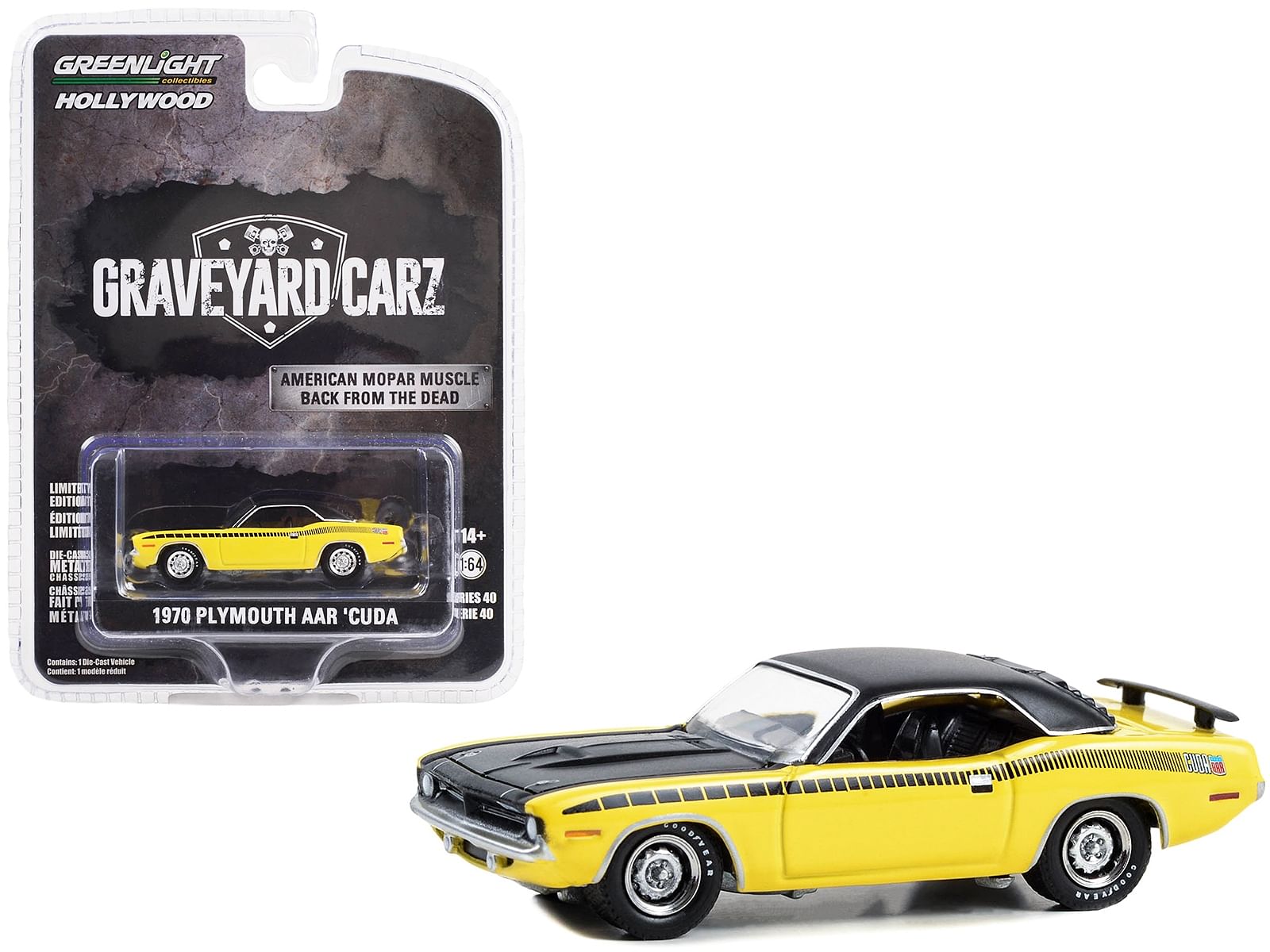 1970 Plymouth AAR Barracuda Yellow with Black Stripes and Top “Graveyard Carz (2012-Current) TV Series “Hollywood Series” Release 40 1/64 Diecast Model Car by Greenlight