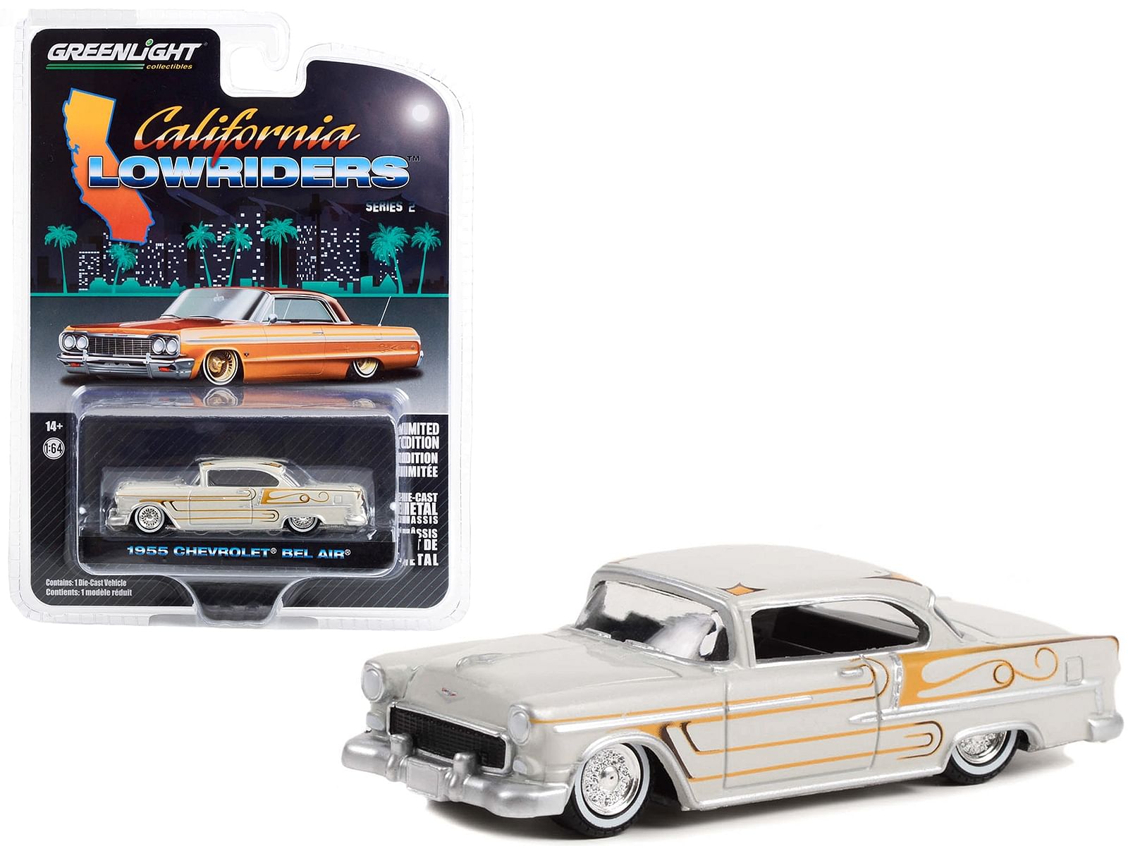 1955 Chevrolet Bel Air Custom Light Gray Metallic and Gold Graphics “California Lowriders” Series 2 1/64 Diecast Model Car by Greenlight