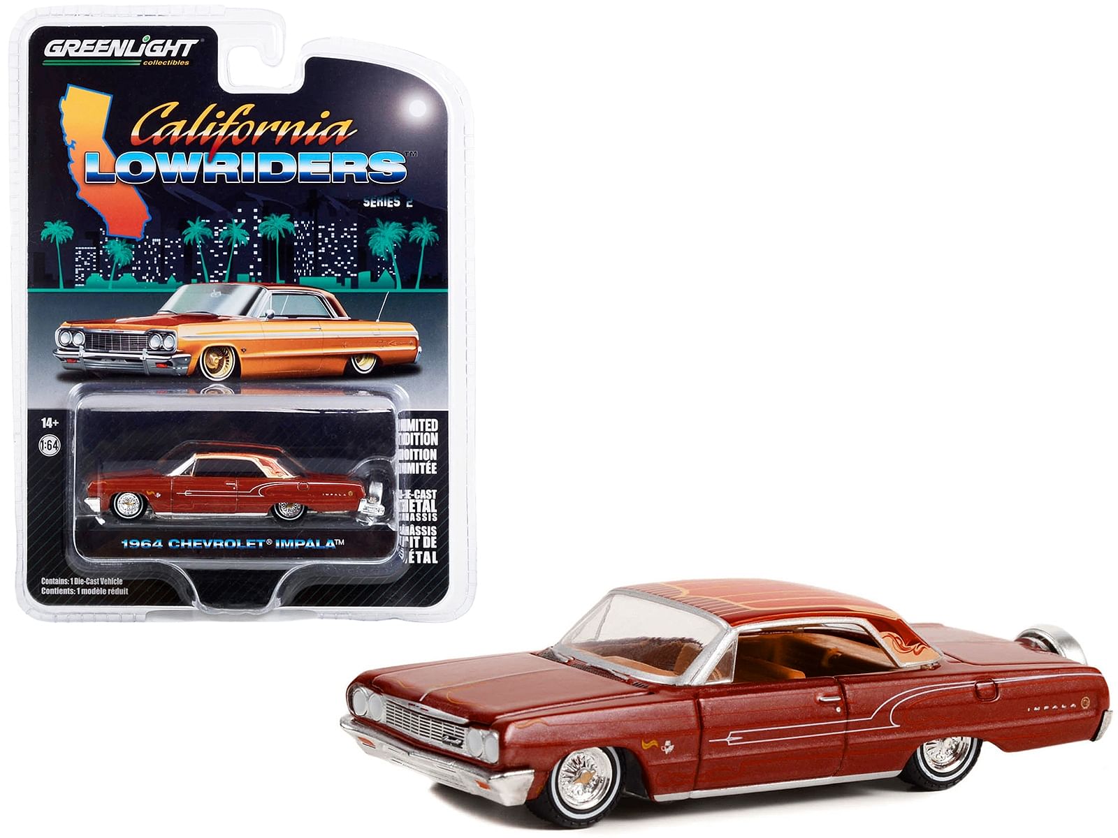 1964 Chevrolet Impala Copper Brown Metallic with Graphics “California Lowriders” Series 2 1/64 Diecast Model Car by Greenlight