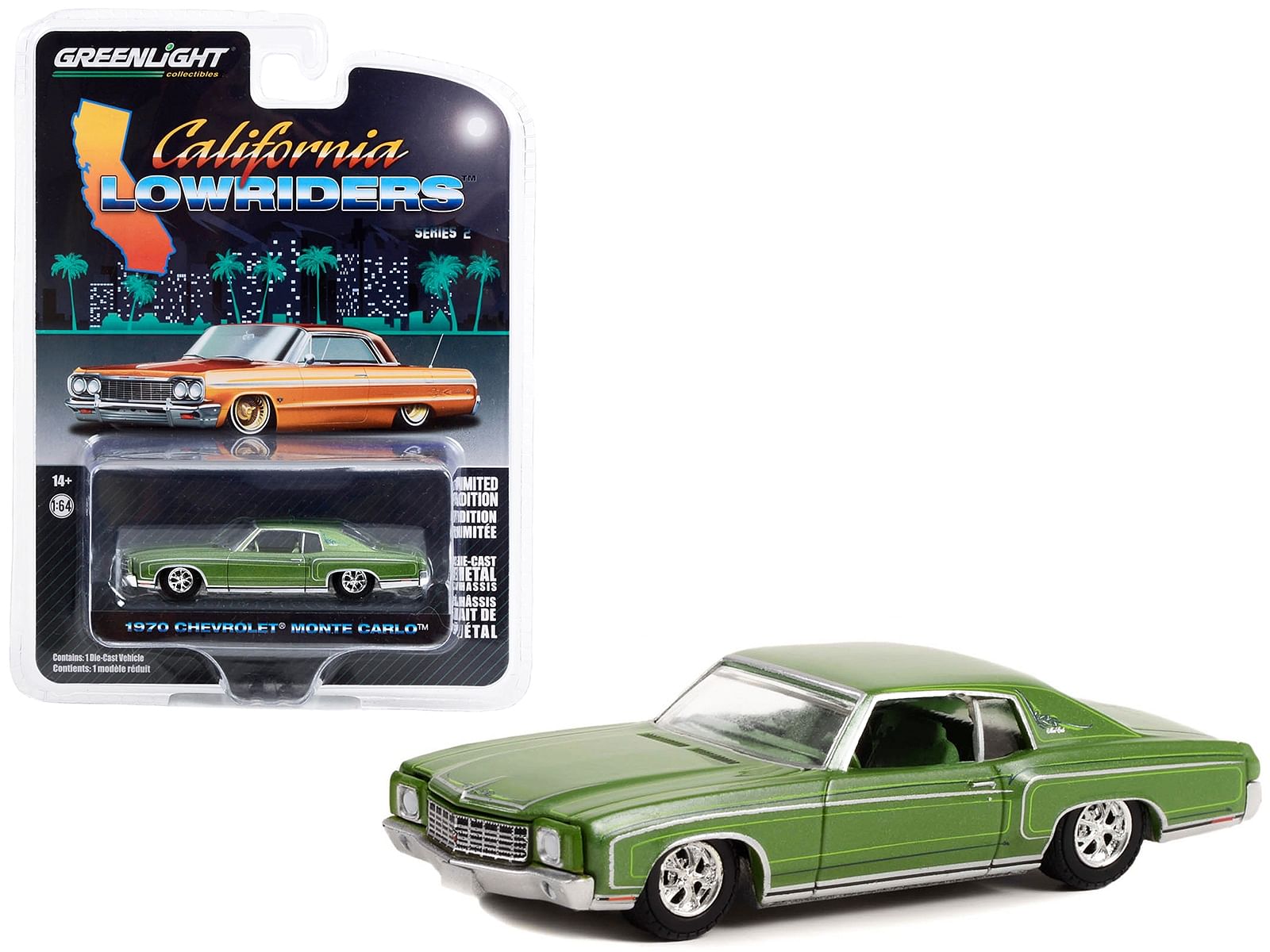 1970 Chevrolet Monte Carlo Green Metallic with Green Interior “California Lowriders” Series 2 1/64 Diecast Model Car by Greenlight