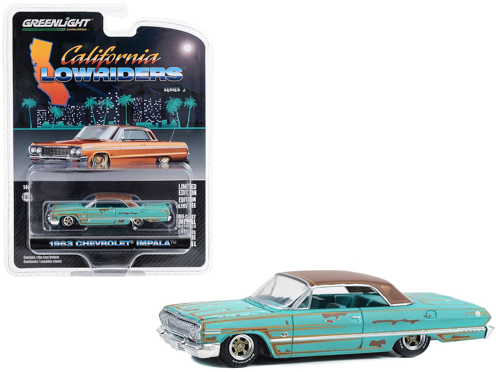 1963 Chevrolet Impala Lowrider Teal Patina (Rusted) with Brown Top and Teal Interior “California Lowriders” Series 3 1/64 Diecast Model Car by Greenlight