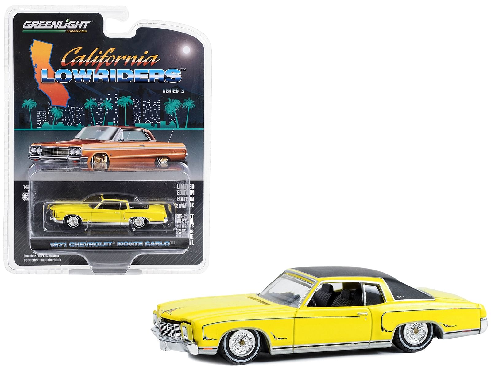 1971 Chevrolet Monte Carlo Lowrider Sunflower Yellow with Black Top “California Lowriders” Series 3 1/64 Diecast Model Car by Greenlight