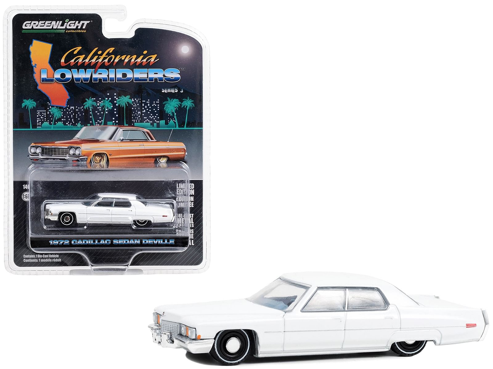 1972 Cadillac Sedan deVille Lowrider Cotillion White with Blue Interior “California Lowriders” Series 3 1/64 Diecast Model Car by Greenlight