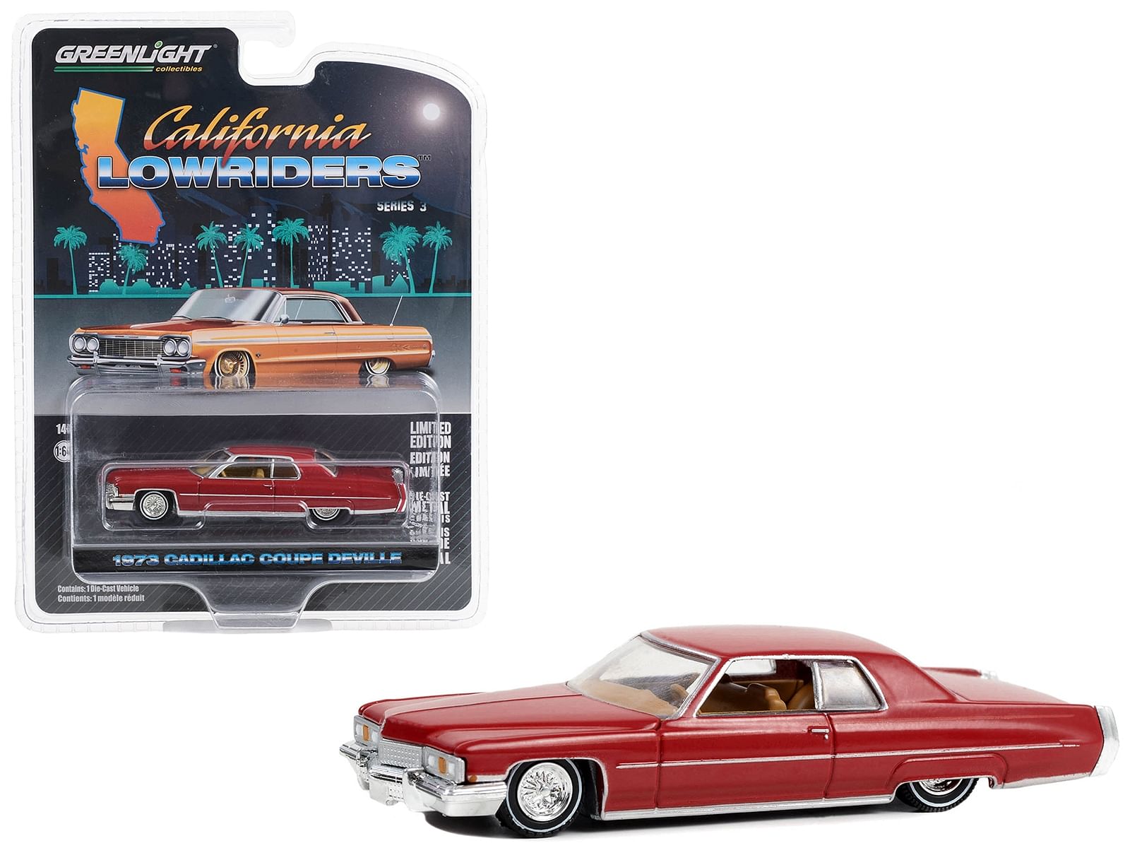 1973 Cadillac Coupe deVille Lowrider Custom Maroon “California Lowriders” Series 3 1/64 Diecast Model Car by Greenlight