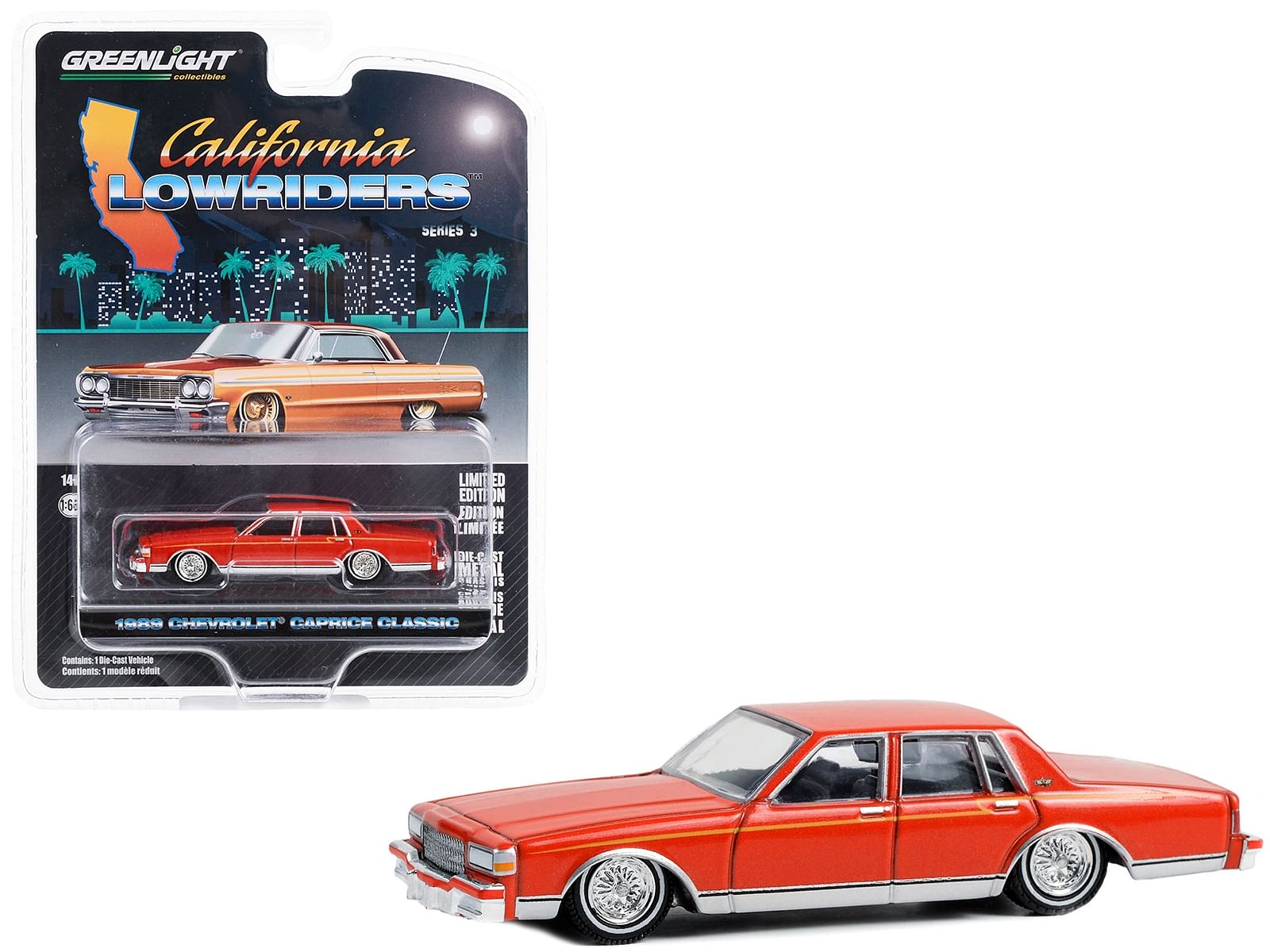 1989 Chevrolet Caprice Classic Lowrider Custom Red Orange with Yellow Stripes “California Lowriders” Series 3 1/64 Diecast Model Car by Greenlight