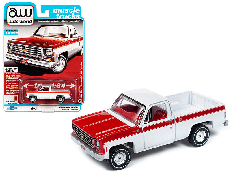 1976 Chevrolet Scottsdale C10 Fleetside Pickup Truck “Olympic Edition” White and Red “Muscle Trucks” Limited Edition to 11020 pieces Worldwide 1/64 Diecast Model Car by Autoworld