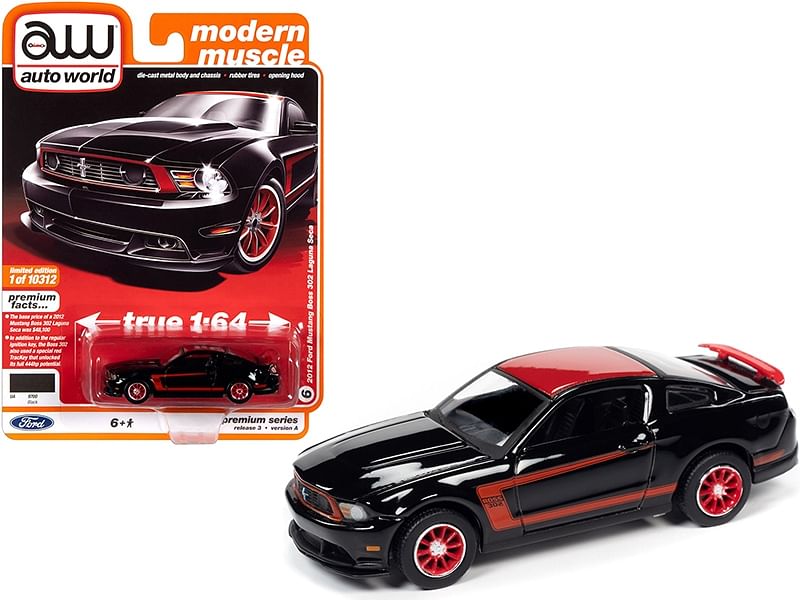 2012 Ford Mustang Boss 302 Laguna Seca Black and Red with Red Wheels “Modern Muscle” Limited Edition to 10312 pieces Worldwide 1/64 Diecast Model Car by Autoworld