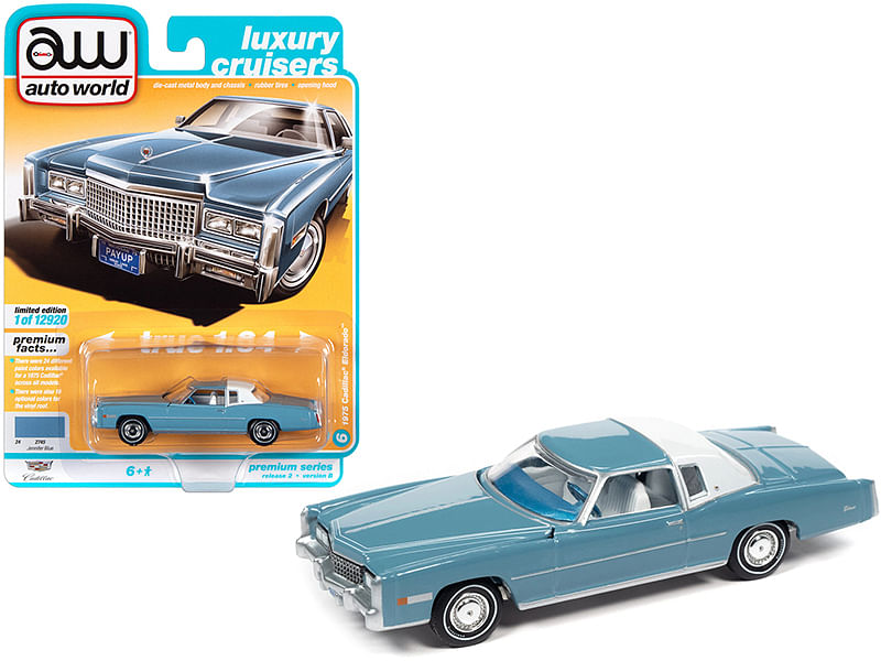 1975 Cadillac Eldorado Jennifer Blue with White Roof Back Section “Luxury Cruisers” Limited Edition to 12920 pieces Worldwide 1/64 Diecast Model Car by Autoworld