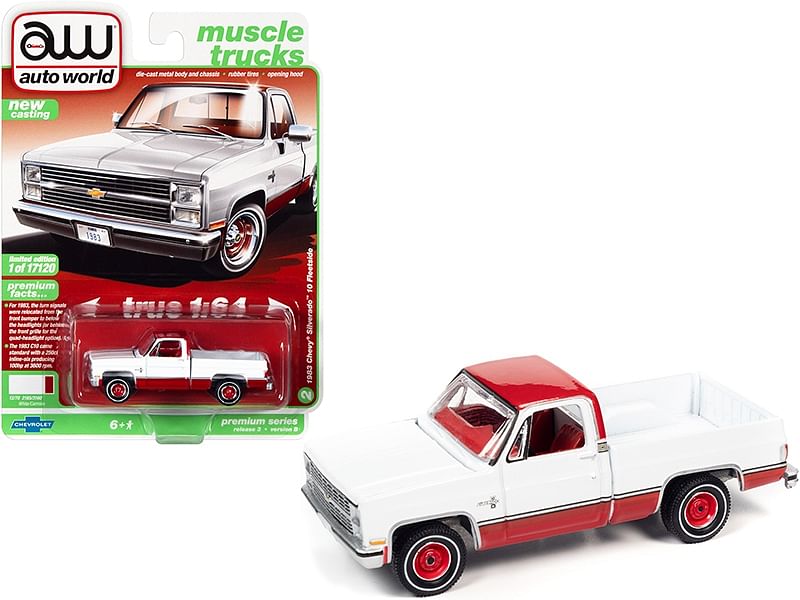 1983 Chevrolet Silverado 10 Fleetside Pickup Truck White and Carmine Red with Red Interior “Muscle Trucks” Limited Edition to 17120 pieces Worldwide 1/64 Diecast Model Car by Autoworld