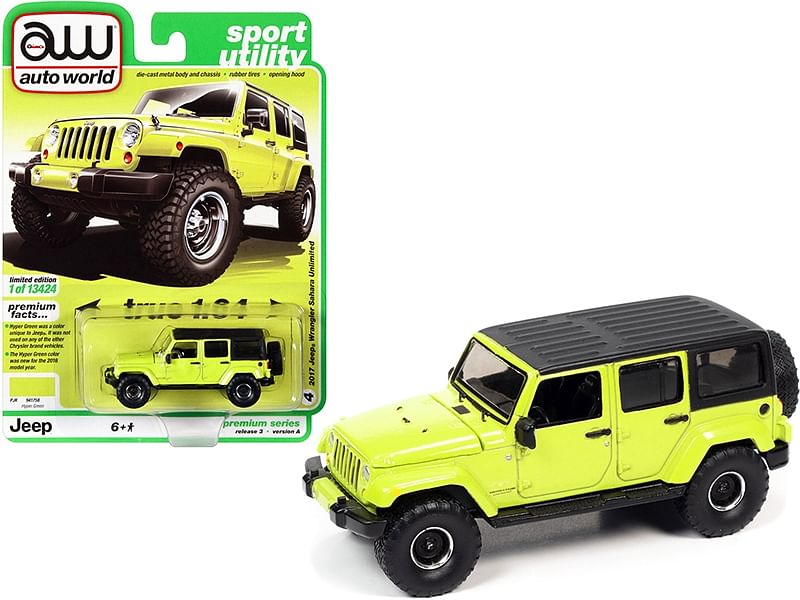 2017 Jeep Wrangler Sahara Unlimited with Off-Road Wheels Hyper Green with Matt Black Top “Sport Utility” Limited Edition to 13424 pieces Worldwide 1/64 Diecast Model Car by Autoworld