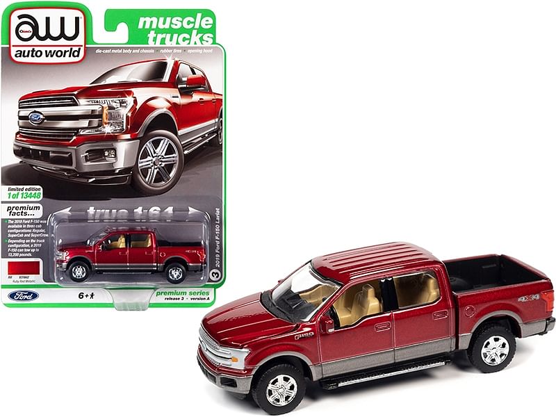 2019 Ford F-150 Lariat 4×4 Pickup Truck Ruby Red Metallic and Magnetic Gray “Muscle Trucks” Limited Edition to 13448 pieces Worldwide 1/64 Diecast Model Car by Autoworld