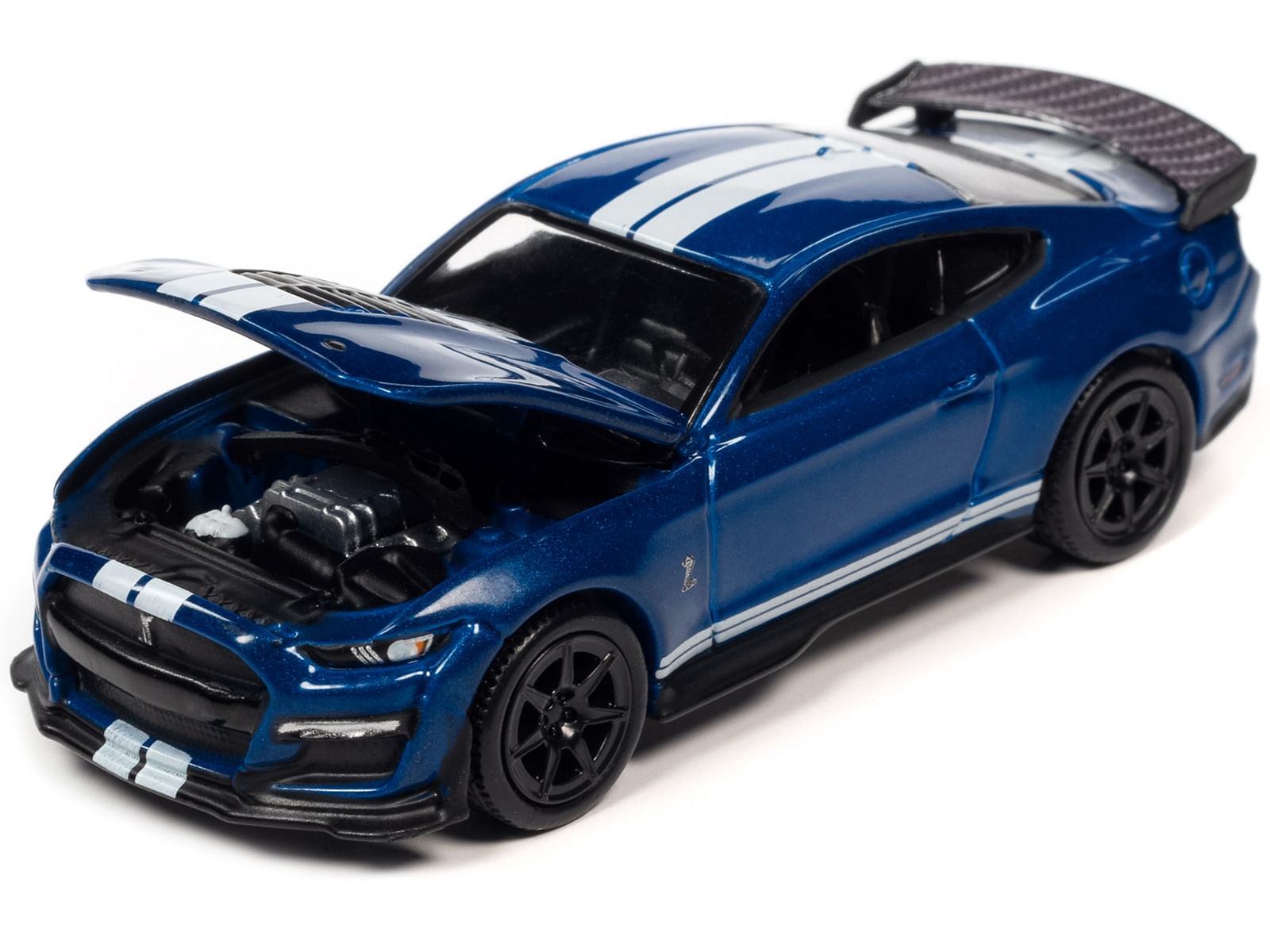 2021 Shelby GT500 Carbon Fiber Track Pack Velocity Blue with White Stripes “Modern Muscle” Limited Edition 1/64 Diecast Model Car by Auto World