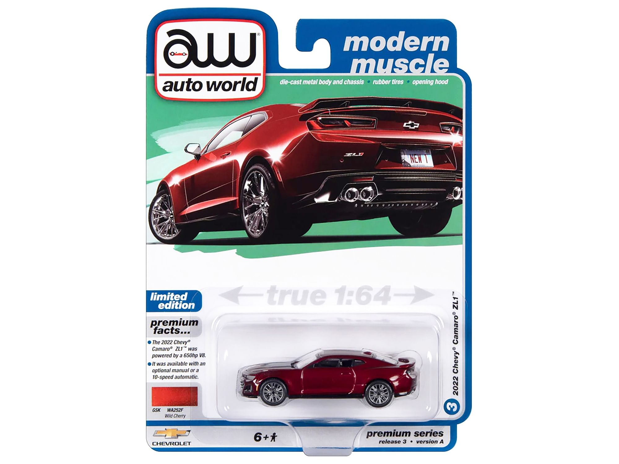 2022 Chevrolet Camaro ZL1 Wild Cherry Red Metallic “Modern Muscle” Limited Edition 1/64 Diecast Model Car by Auto World