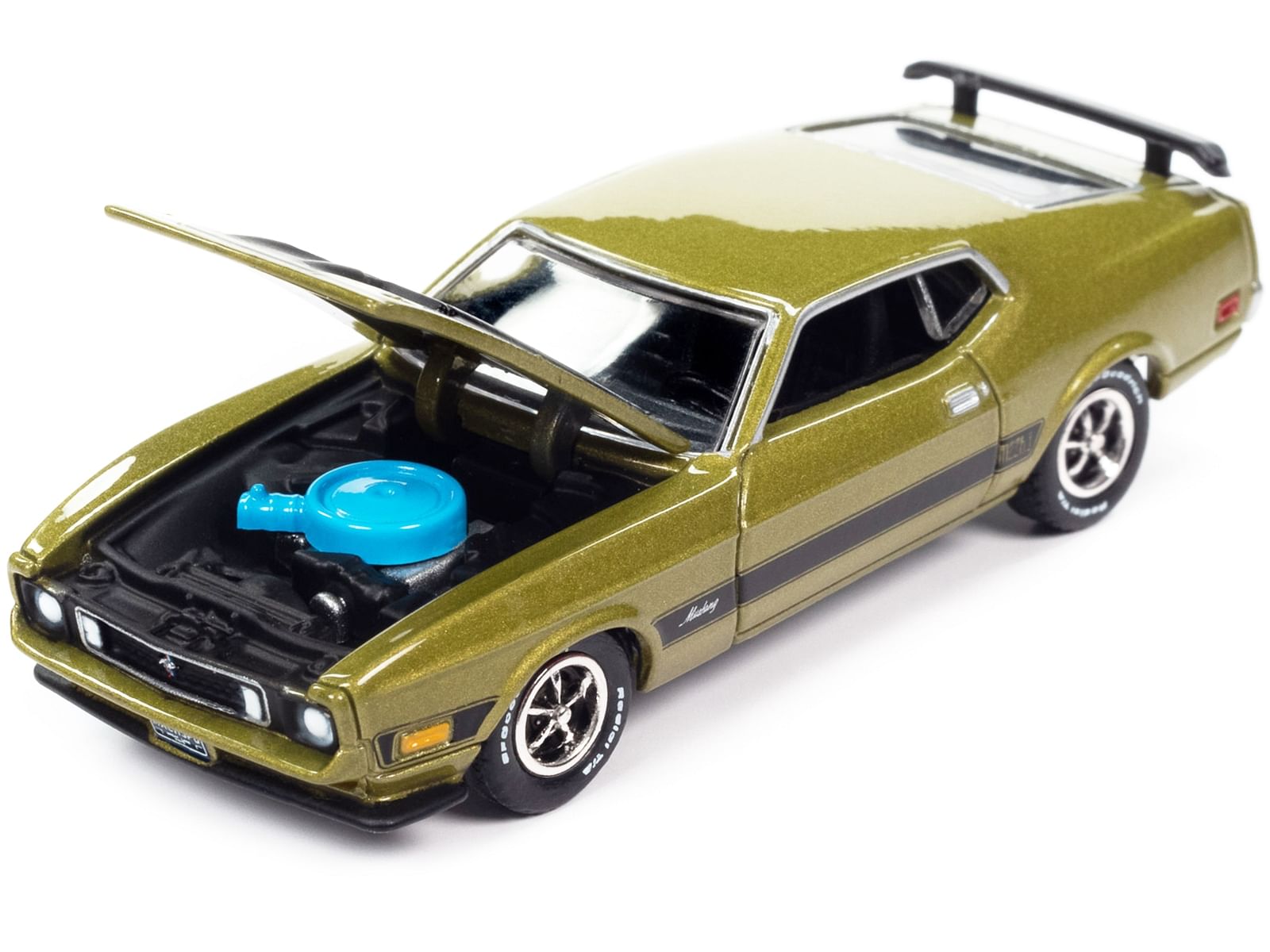 1973 Ford Mustang Mach 1 Bright Green Gold Metallic with Black Hood and Stripes “Vintage Muscle” Limited Edition 1/64 Diecast Model Car by Auto World