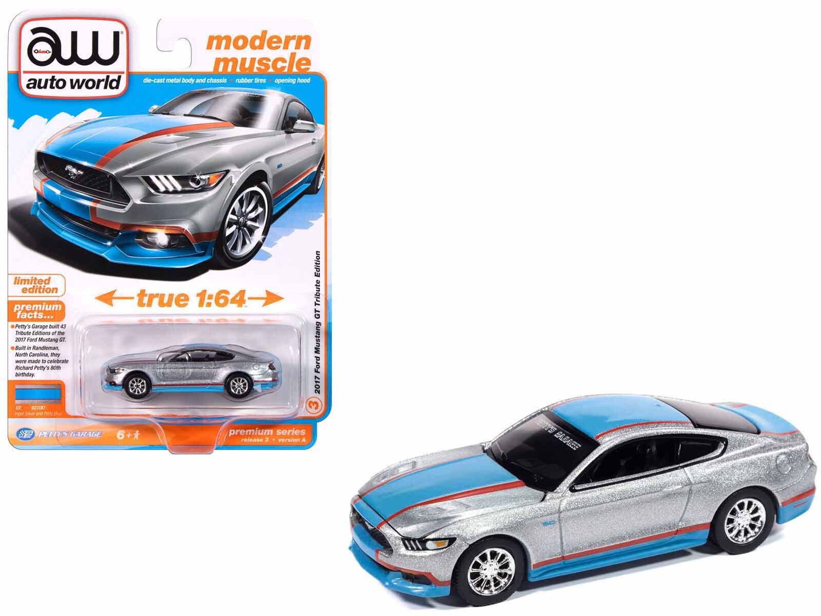 2017 Ford Mustang GT Tribute Edition "Petty's Garage" Ingot Silver Metallic with Petty Blue and Red Stripes "Modern Muscle" Series 1/64 Diecast Model Car by Auto World - Image 2