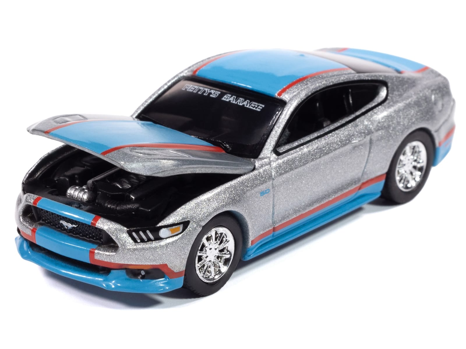 2017 Ford Mustang GT Tribute Edition "Petty's Garage" Ingot Silver Metallic with Petty Blue and Red Stripes "Modern Muscle" Series 1/64 Diecast Model Car by Auto World - Image 3