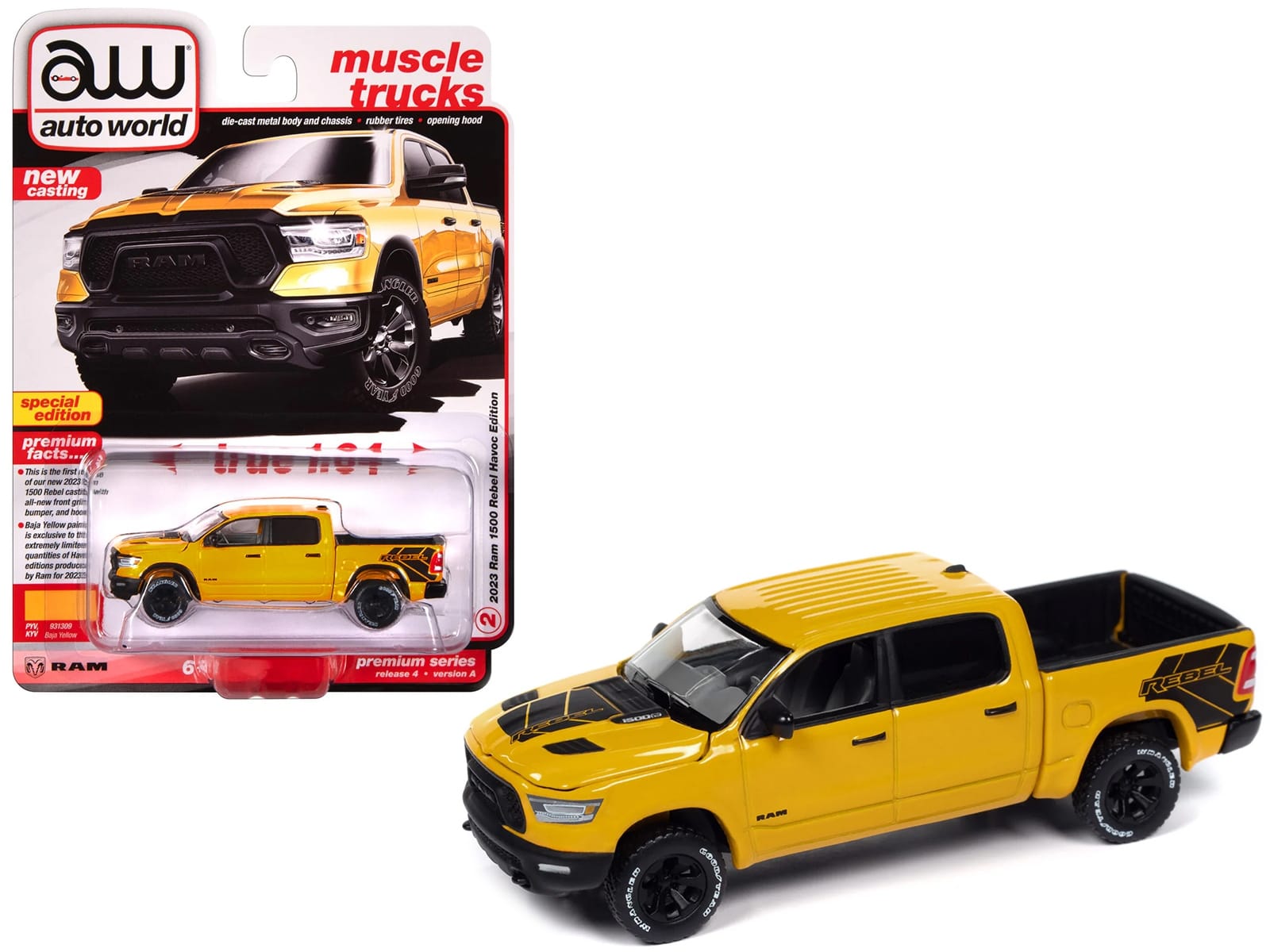 2023 Ram 1500 Rebel Havoc Edition Pickup Truck Baja Yellow "Muscle Trucks" Series 1/64 Diecast Model Car by Auto World - Image 3