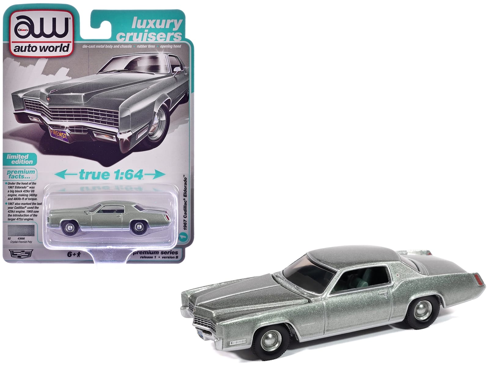 1967 Cadillac Eldorado Crystal Firemist Metallic with Green Interior "Luxury Cruisers" Series 1/64 Diecast Model Car by Auto World - Image 3