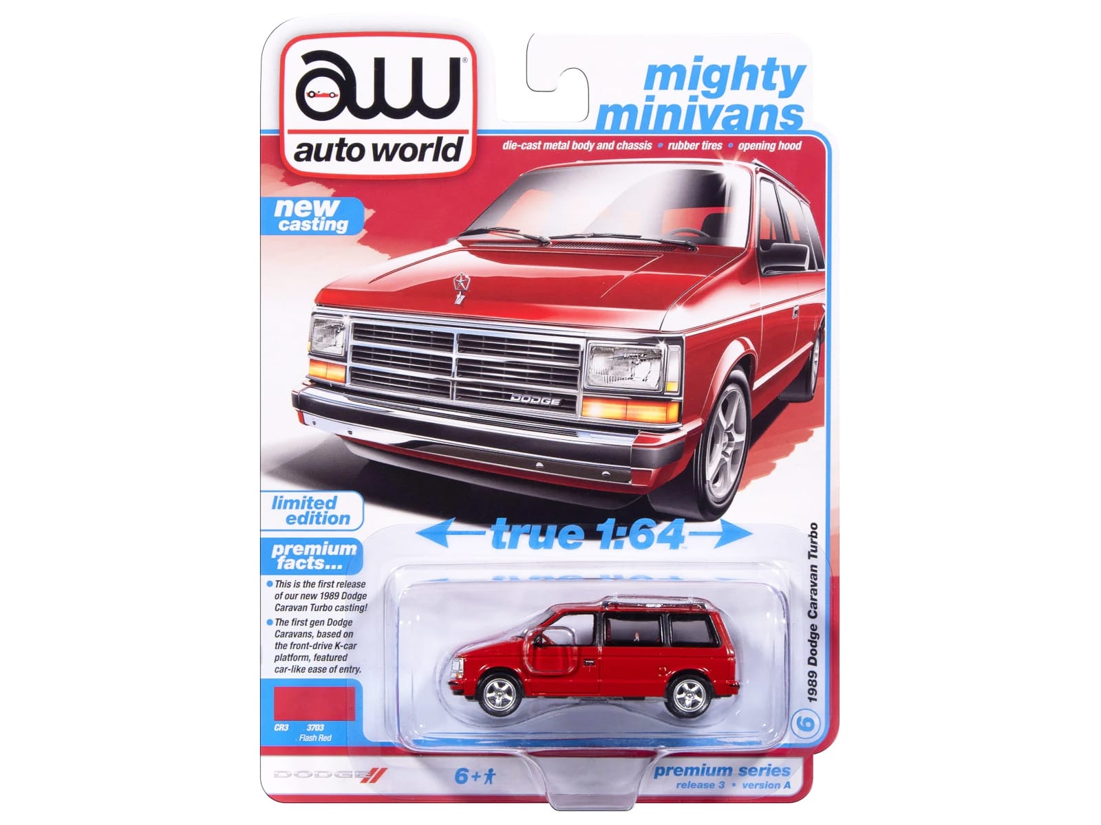 1989 Dodge Caravan Turbo Van Flash Red "Mighty Minivans" Series 1/64 Diecast Model Car by Auto World - Image 3
