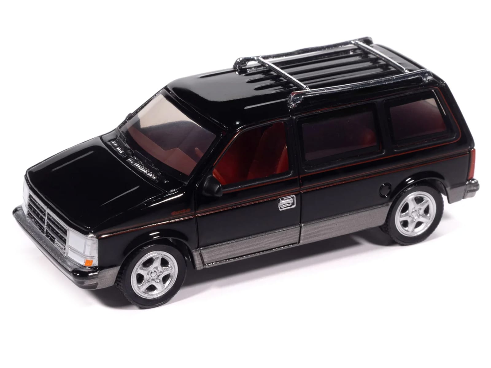 1989 Dodge Caravan Turbo Van Black with Red Stripes and Interior "Mighty Minivans" Series 1/64 Diecast Model Car by Auto World - Image 2