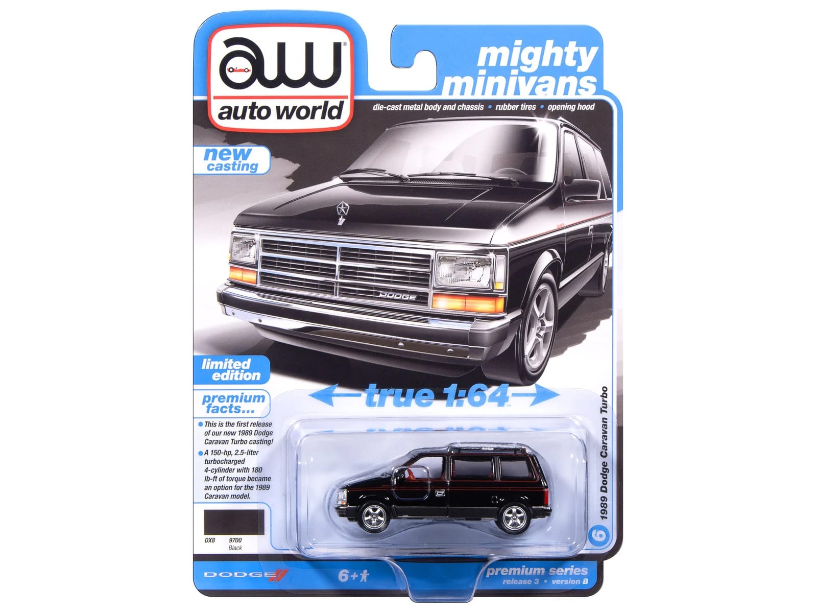 1989 Dodge Caravan Turbo Van Black with Red Stripes and Interior "Mighty Minivans" Series 1/64 Diecast Model Car by Auto World - Image 3