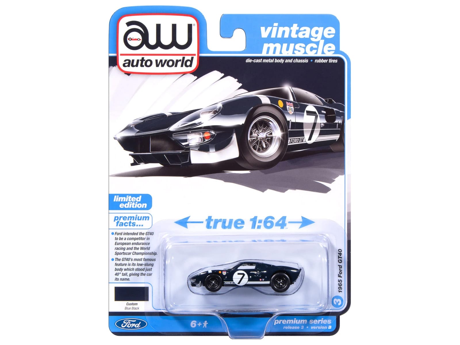1965 Ford GT40 #7 Blue Black with White Stripes "Vintage Muscle" Series 1/64 Diecast Model Car by Auto World - Image 3