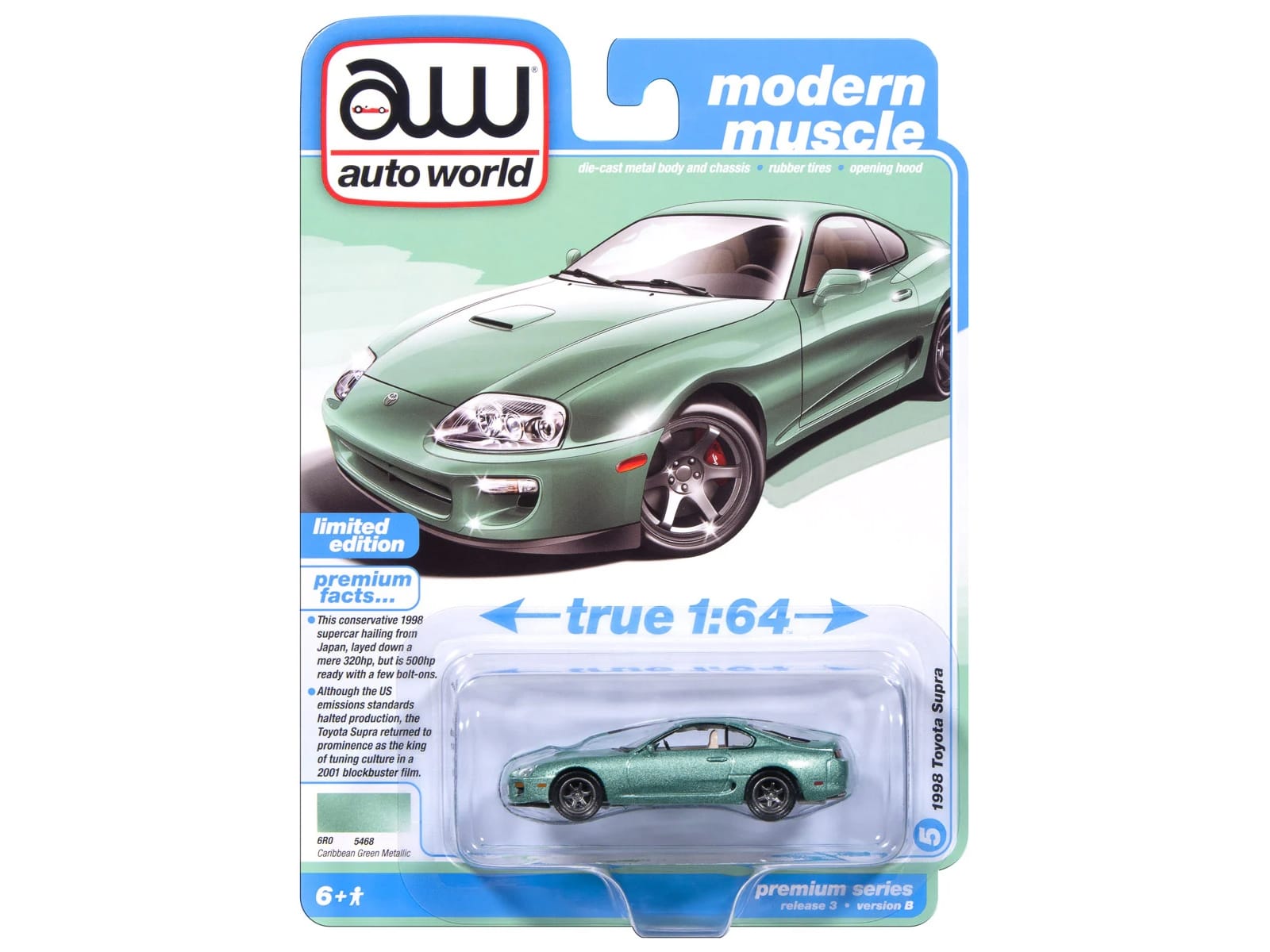 1998 Toyota Supra Caribbean Green Metallic "Modern Muscle" Series 1/64 Diecast Model Car by Auto World - Image 3