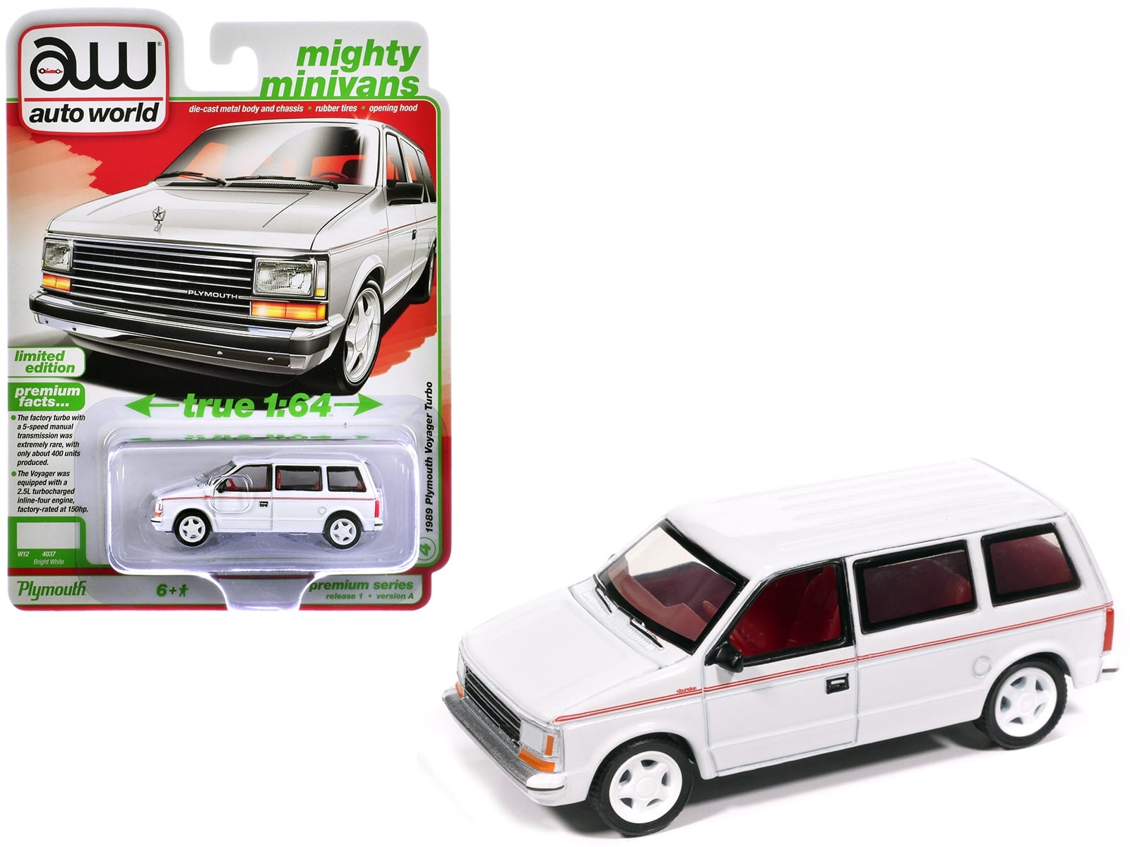 1989 Plymouth Voyager Turbo Van Bright White with Red Stripes and Interior "Mighty Minivans" Series 1/64 Diecast Model Car by Auto World