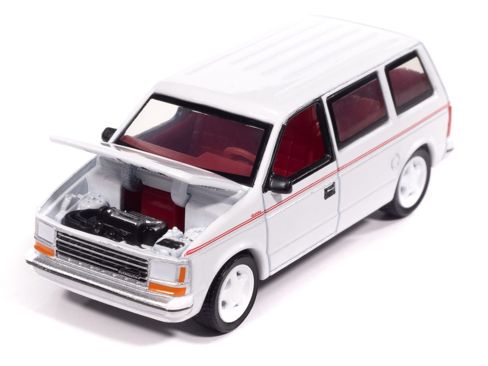 1989 Plymouth Voyager Turbo Van Bright White with Red Stripes and Interior "Mighty Minivans" Series 1/64 Diecast Model Car by Auto World - Image 3