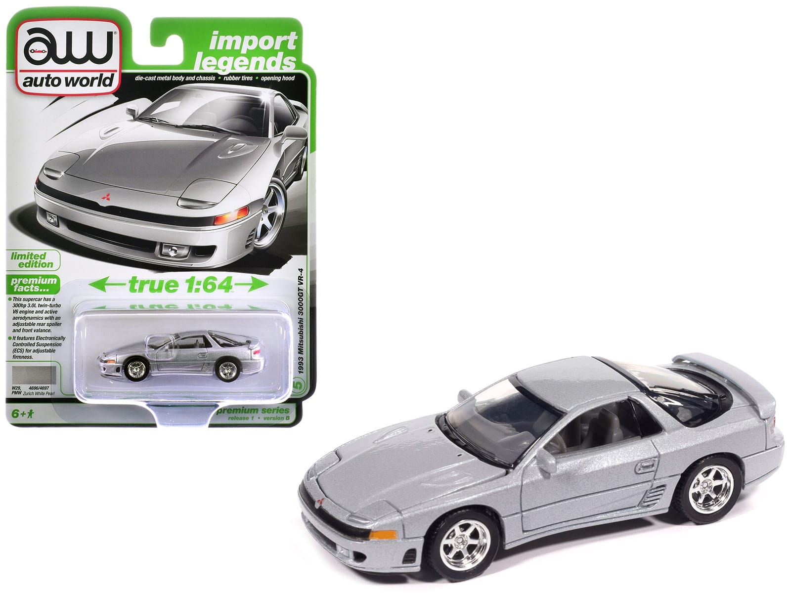 1993 Mitsubishi 3000GT VR-4 Zurich White Silver Metallic "Import Legends" Series 1/64 Diecast Model Car by Auto World